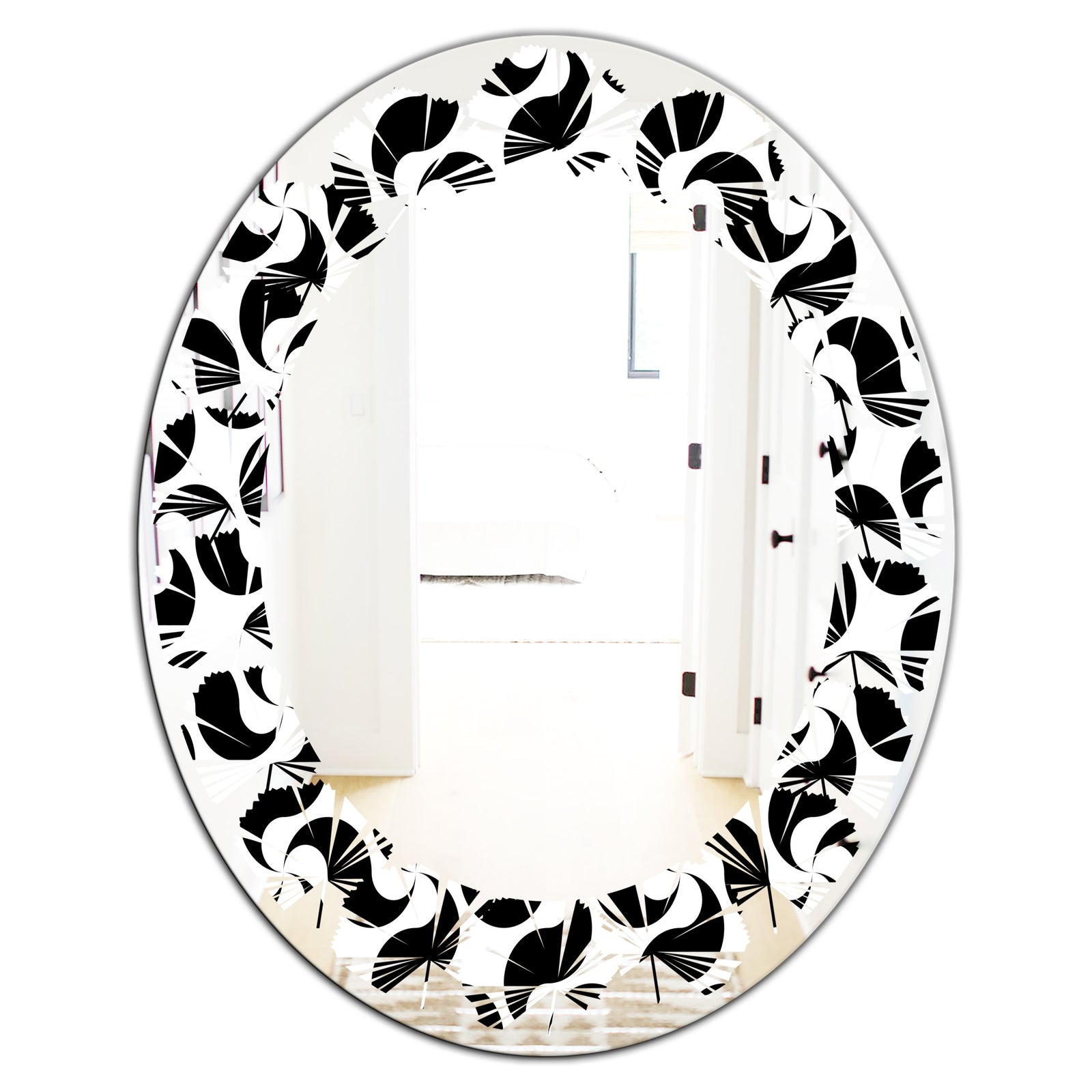 Monochrome Geometric Pattern IV - Modern Round or Oval Wall Mirror - Leaves