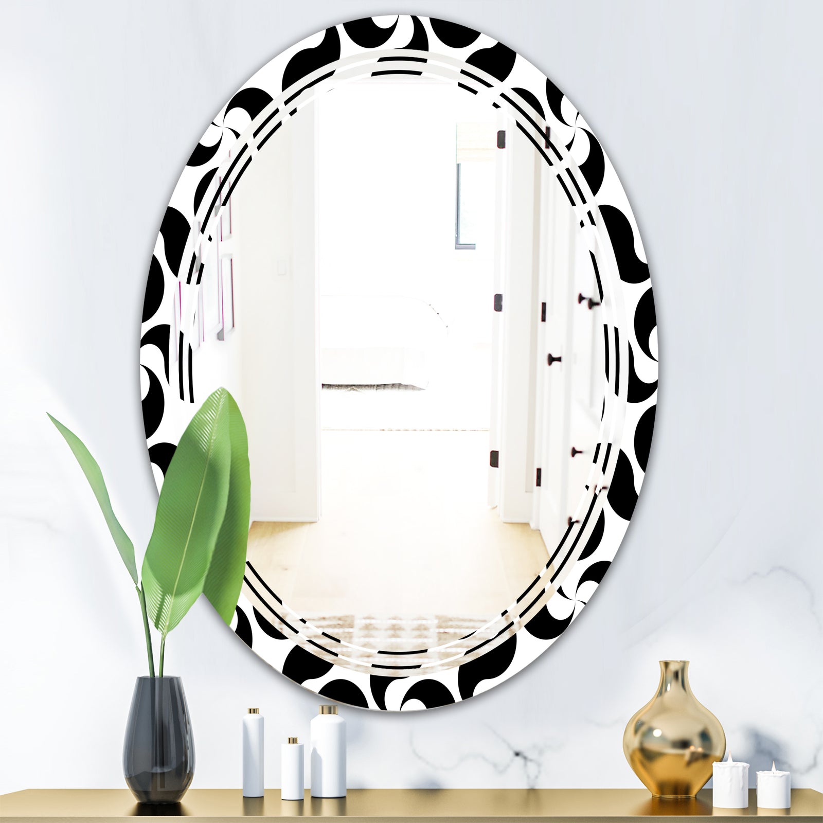 Monochrome Geometric Pattern IV - Modern Round or Oval Wall Mirror - Triple C