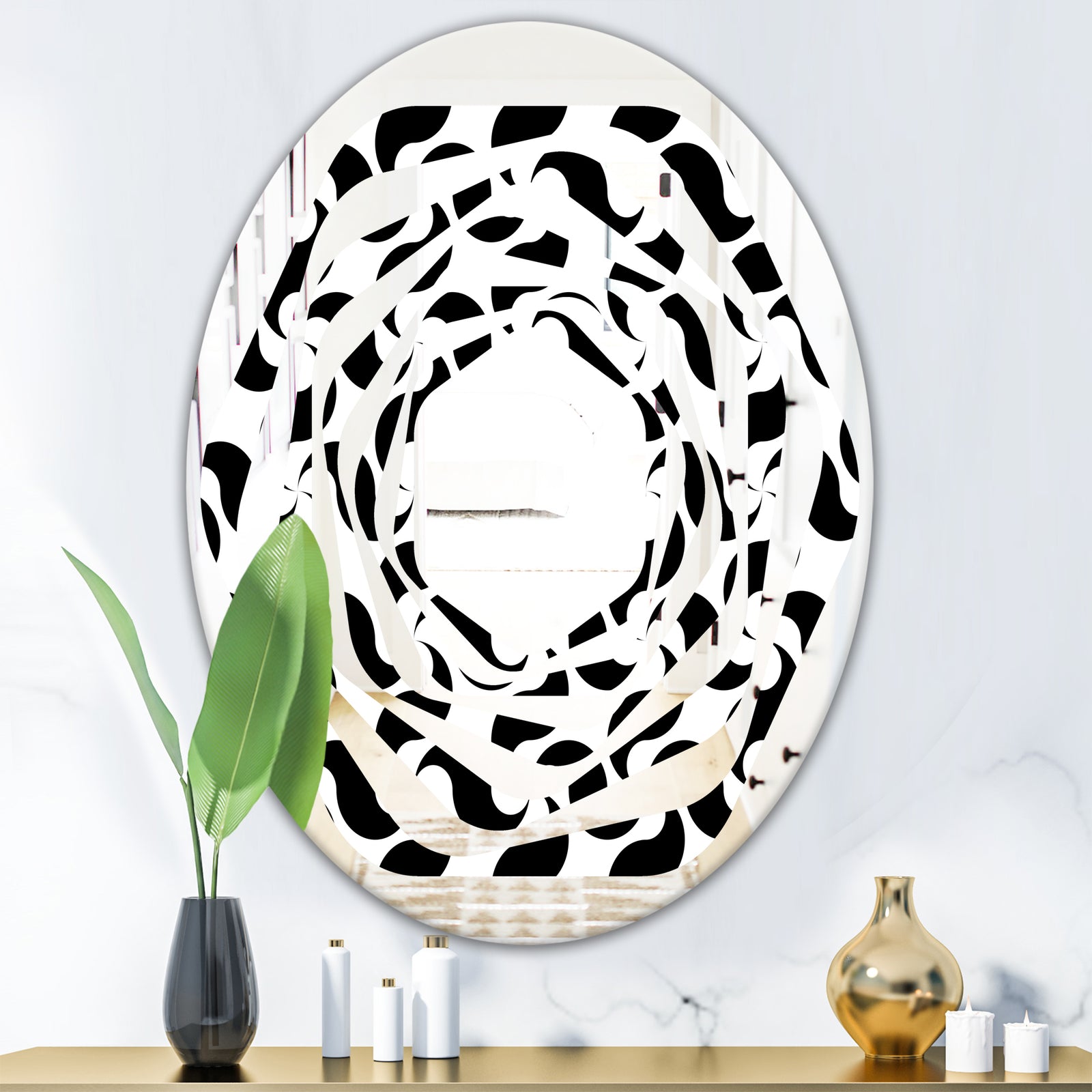 Monochrome Geometric Pattern IV - Modern Round or Oval Wall Mirror - Whirl