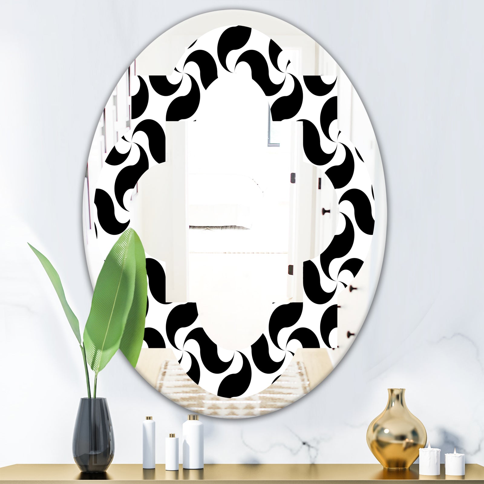 Monochrome Geometric Pattern IV - Modern Round or Oval Wall Mirror - Quatrefoil