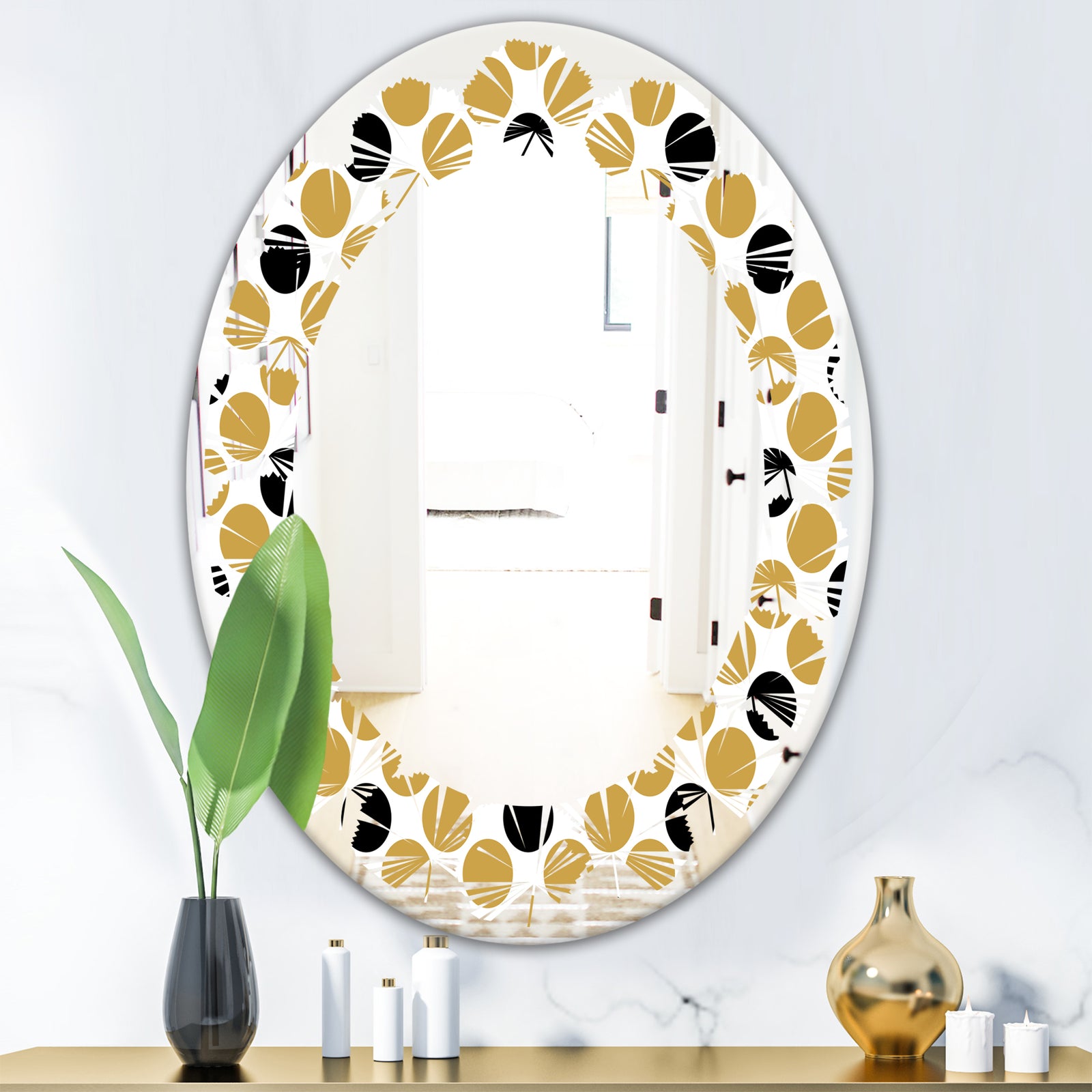 Golden Polka Dot - Modern Round or Oval Wall Mirror - Leaves