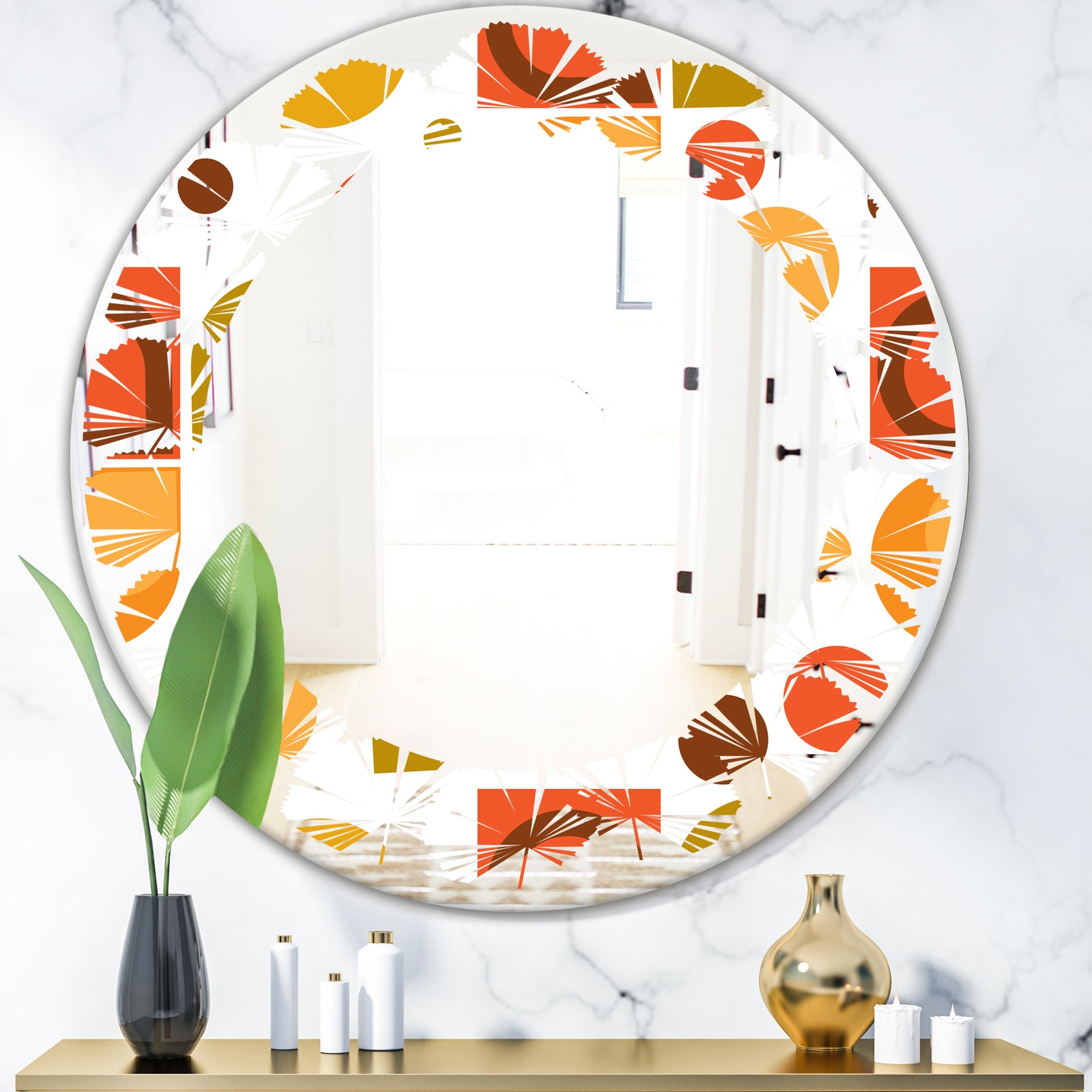 Abstract Retro Geometric I - Modern Round or Oval Wall Mirror - Leaves