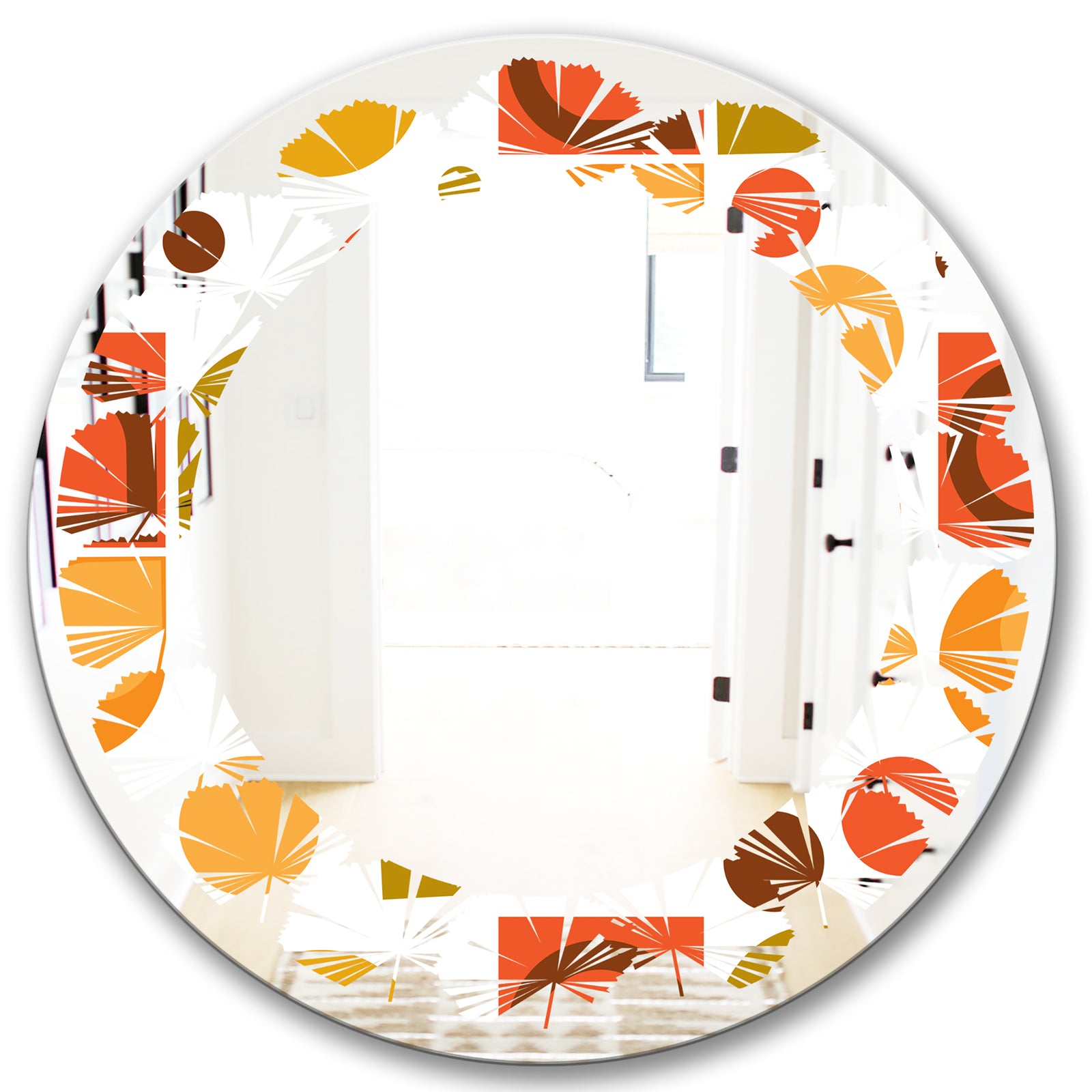 Abstract Retro Geometric I - Modern Round or Oval Wall Mirror - Leaves