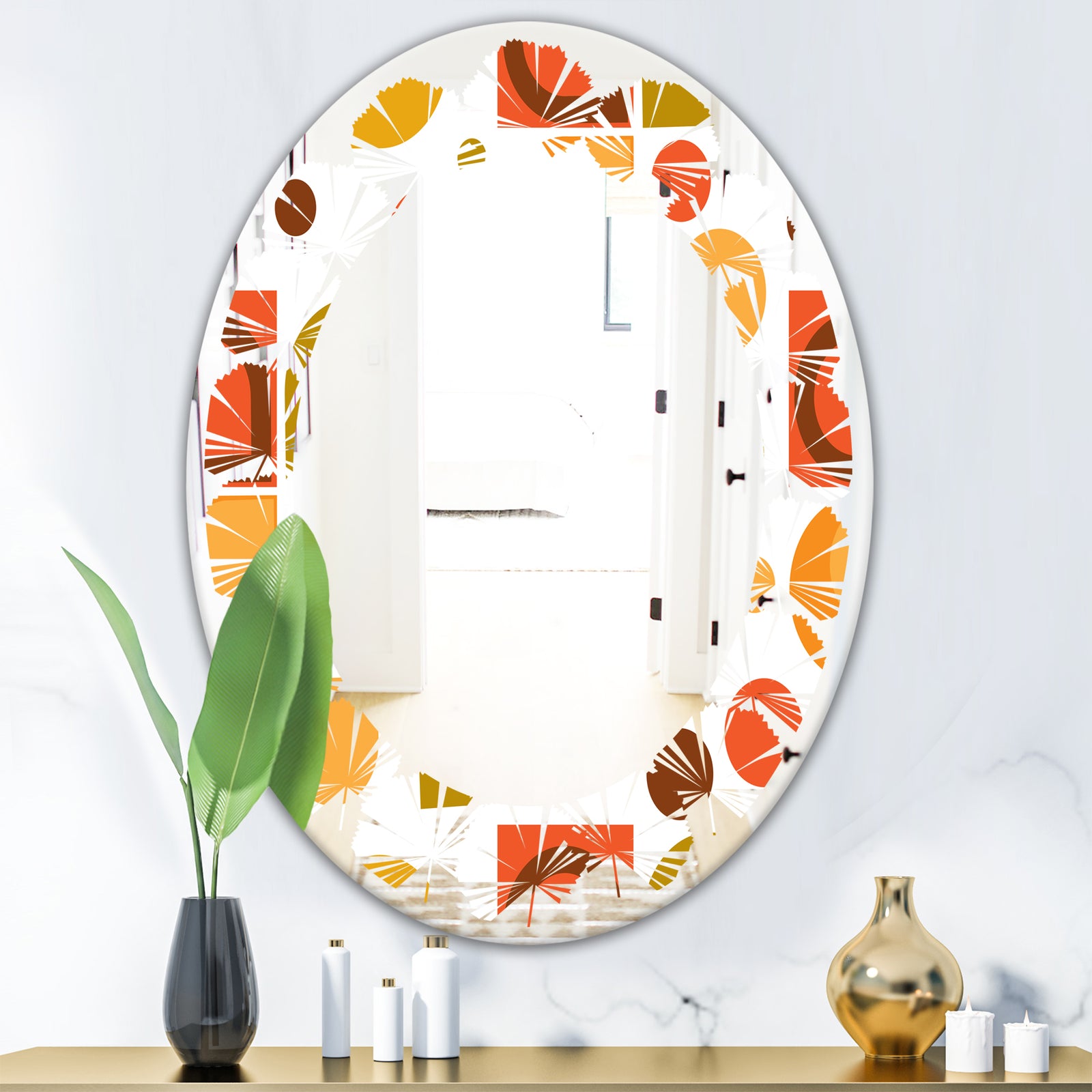 Abstract Retro Geometric I - Modern Round or Oval Wall Mirror - Leaves