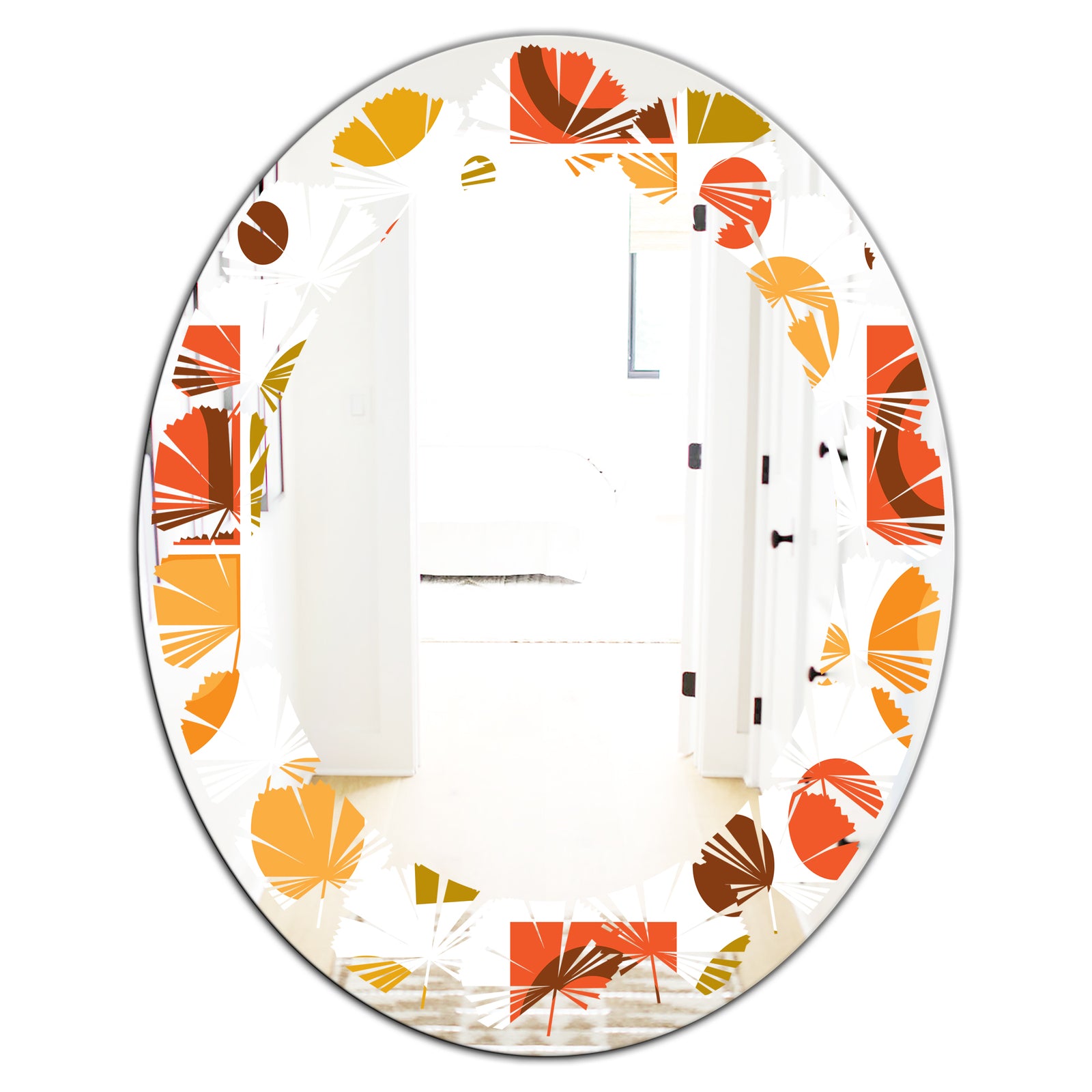 Abstract Retro Geometric I - Modern Round or Oval Wall Mirror - Leaves