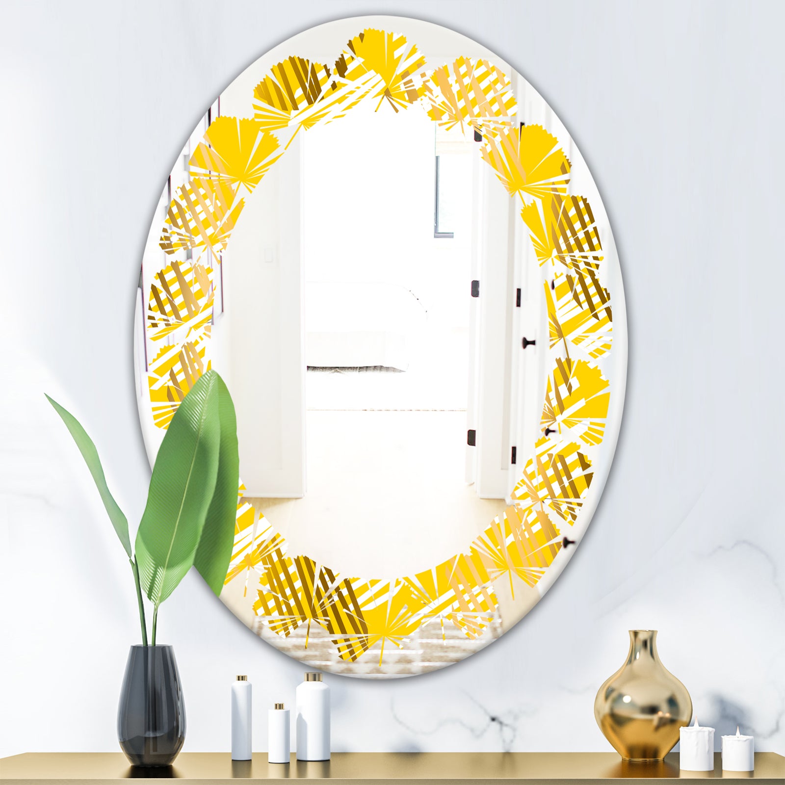 Abstract Retro Geometric IV - Modern Round or Oval Wall Mirror - Leaves