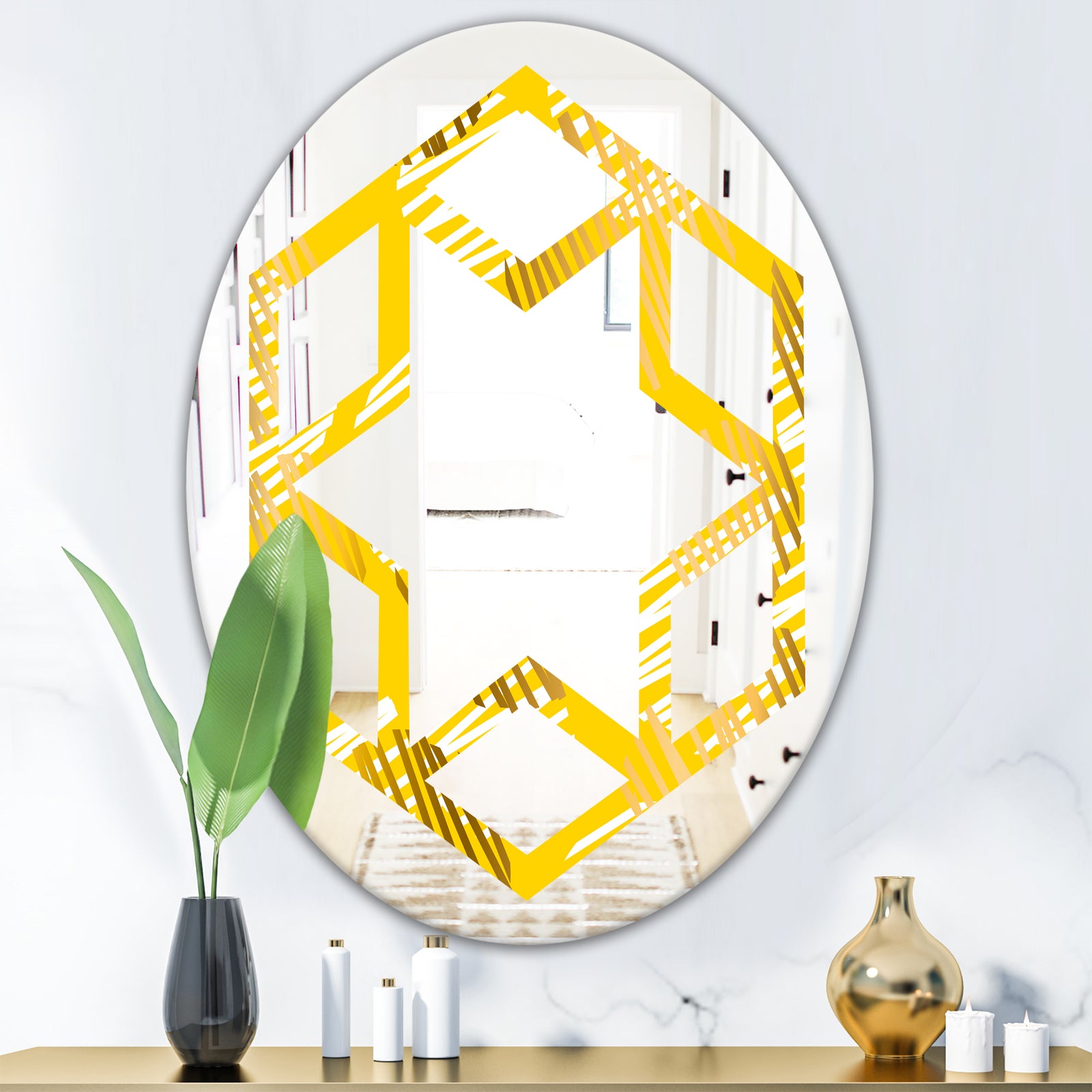 Abstract Retro Geometric IV - Modern Round or Oval Wall Mirror - Hexagon Star
