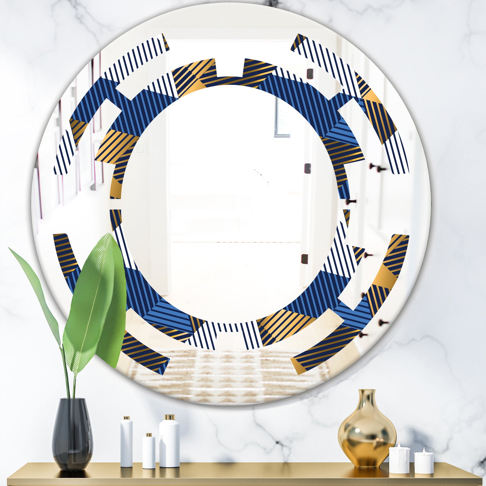 Retro Luxury Waves In Gold and Blue V - Modern Round or Oval Wall Mirror - Space