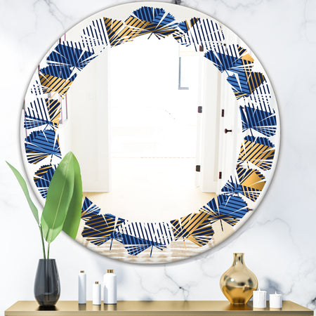 Retro Luxury Waves In Gold and Blue V - Modern Round or Oval Wall Mirror - Leaves