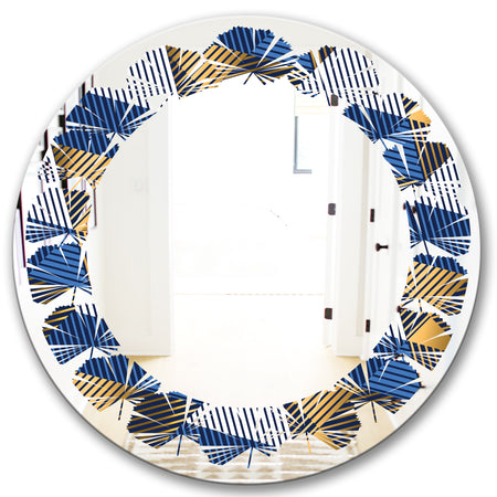 Retro Luxury Waves In Gold and Blue V - Modern Round or Oval Wall Mirror - Leaves