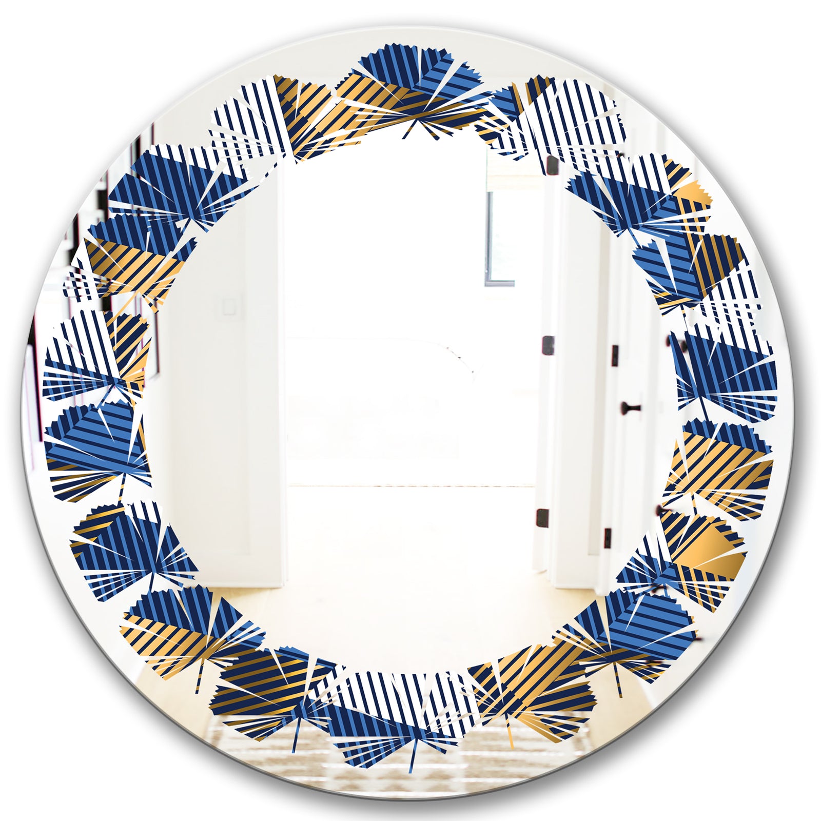 Retro Luxury Waves In Gold and Blue V - Modern Round or Oval Wall Mirror - Leaves