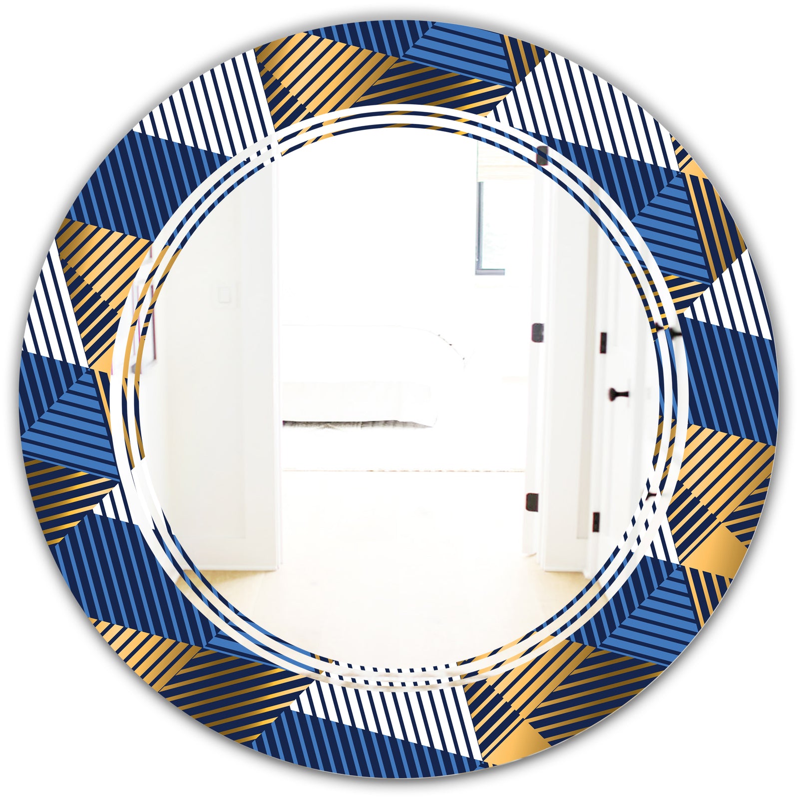 Retro Luxury Waves In Gold and Blue V - Modern Round or Oval Wall Mirror - Triple C