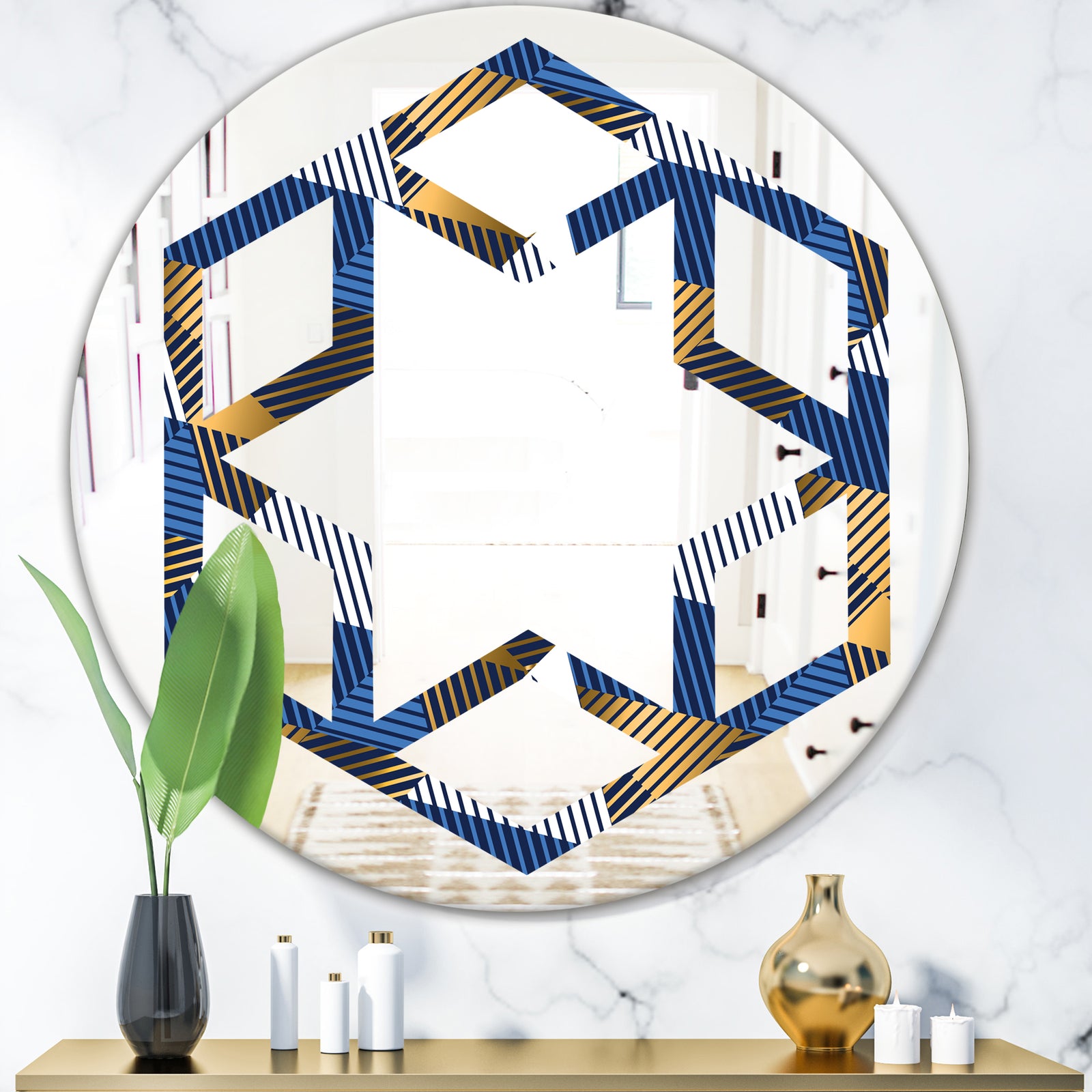 Retro Luxury Waves In Gold and Blue V - Modern Round or Oval Wall Mirror - Hexagon Star