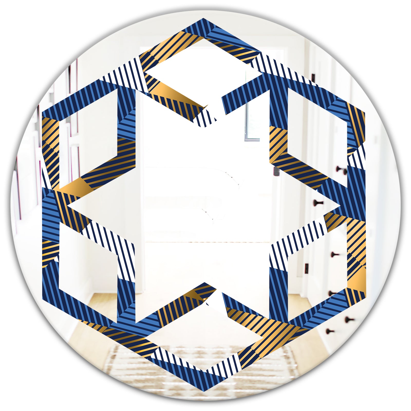 Retro Luxury Waves In Gold and Blue V - Modern Round or Oval Wall Mirror - Hexagon Star