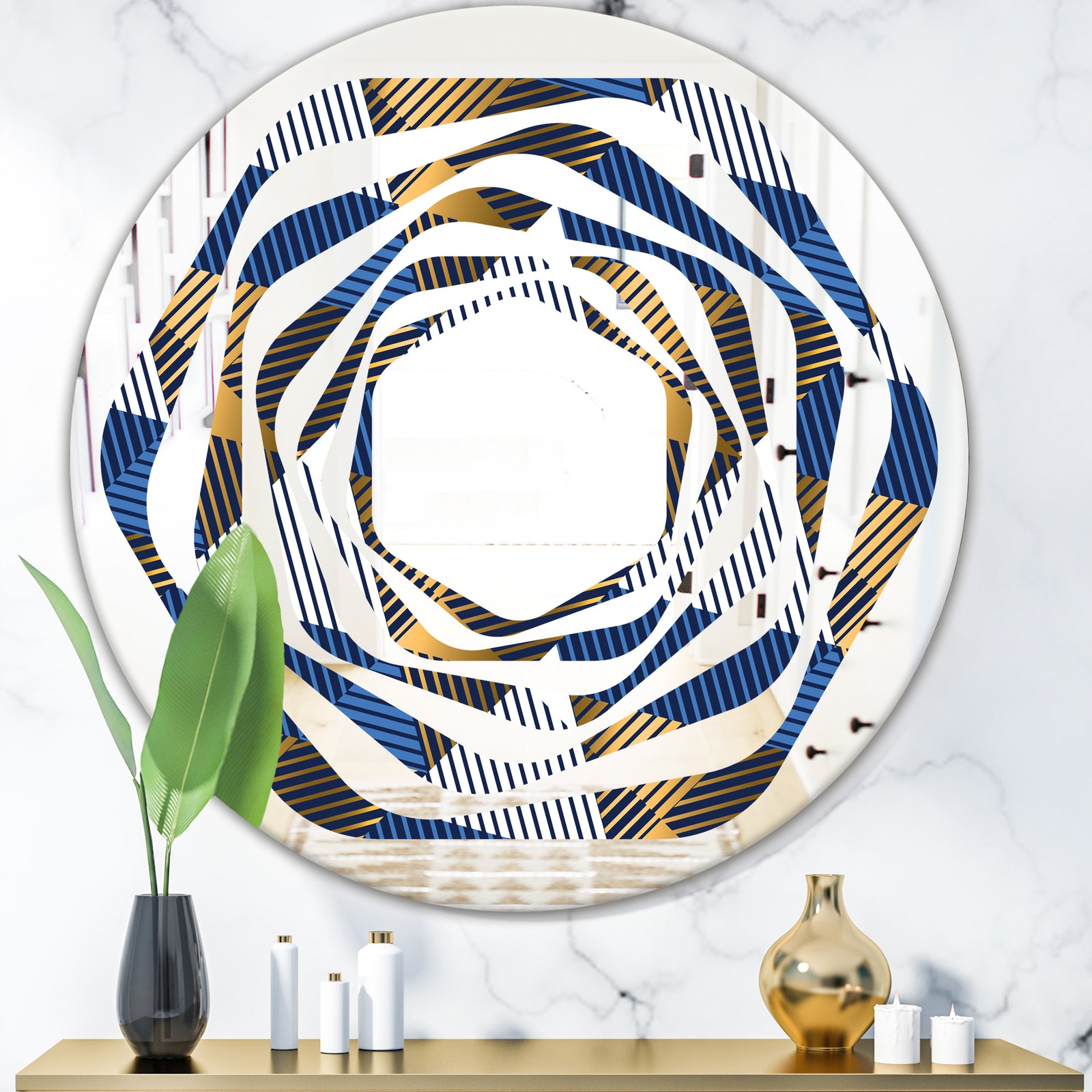 Retro Luxury Waves In Gold and Blue V - Modern Round or Oval Wall Mirror - Whirl