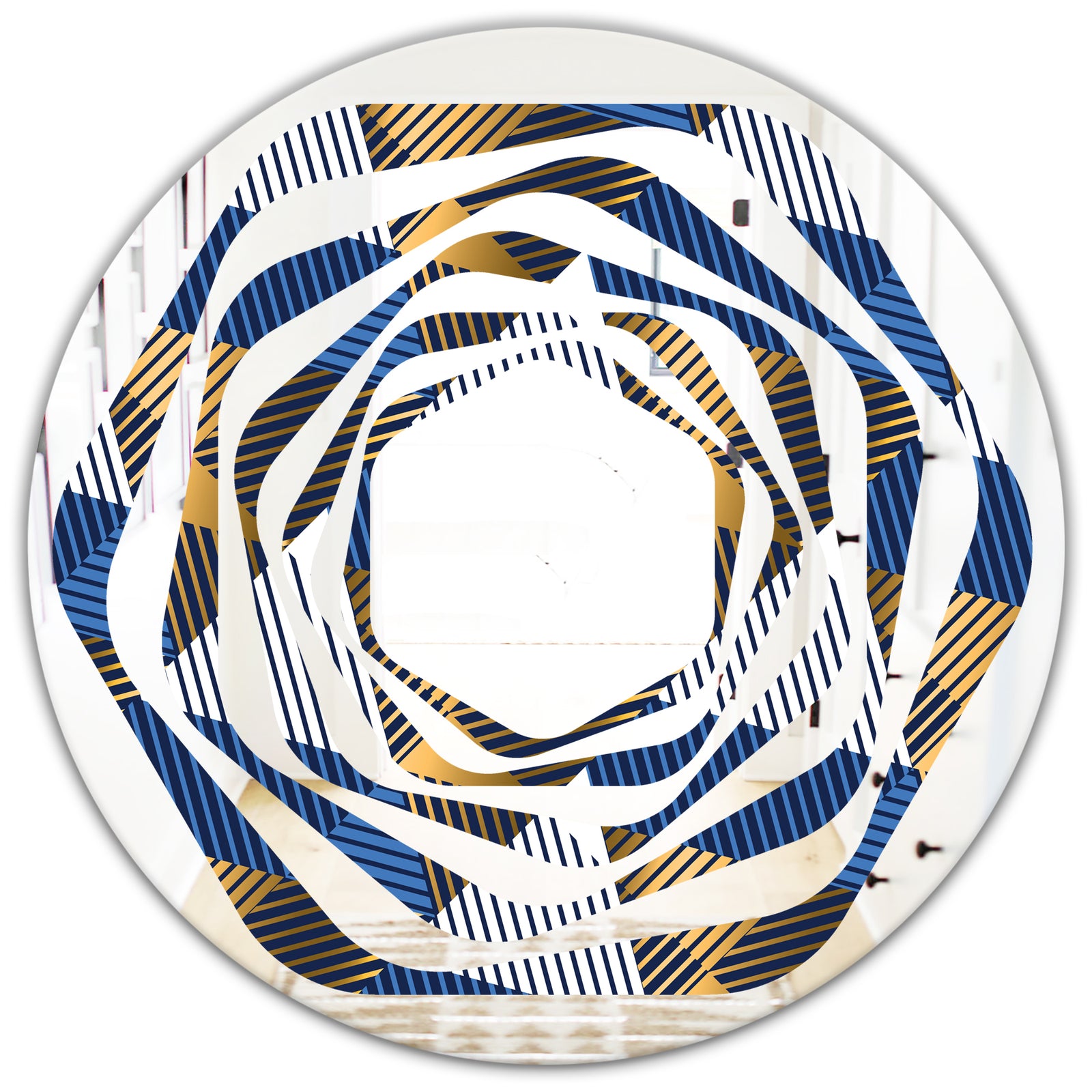 Retro Luxury Waves In Gold and Blue V - Modern Round or Oval Wall Mirror - Whirl