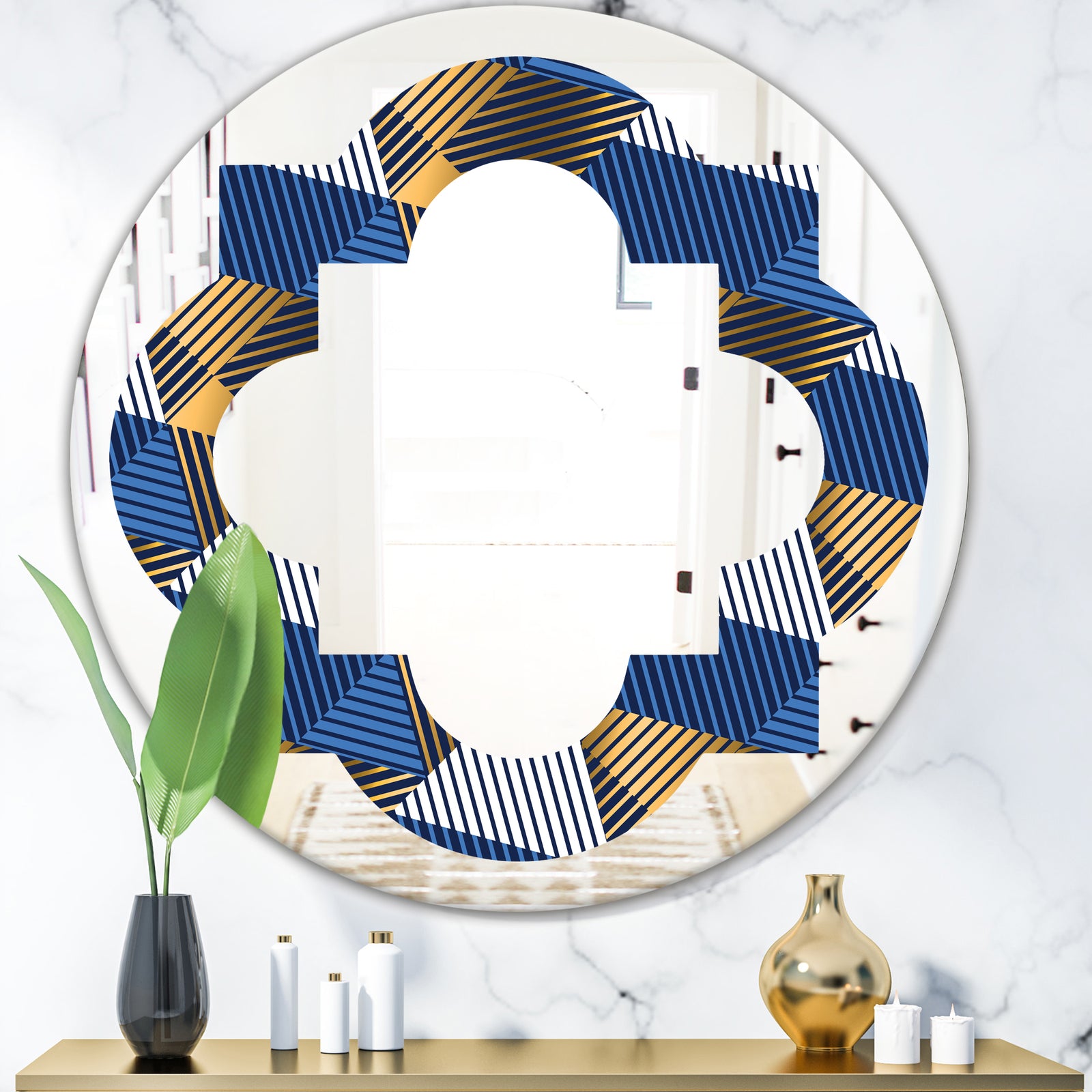Retro Luxury Waves In Gold and Blue V - Modern Round or Oval Wall Mirror - Quatrefoil