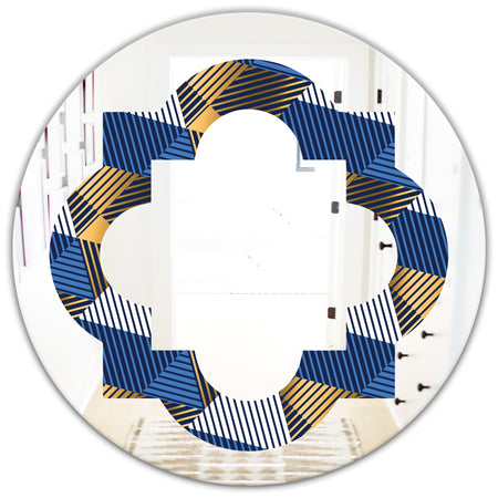 Retro Luxury Waves In Gold and Blue V - Modern Round or Oval Wall Mirror - Quatrefoil