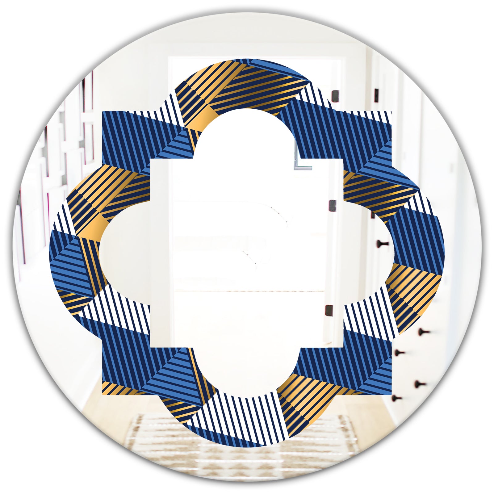 Retro Luxury Waves In Gold and Blue V - Modern Round or Oval Wall Mirror - Quatrefoil