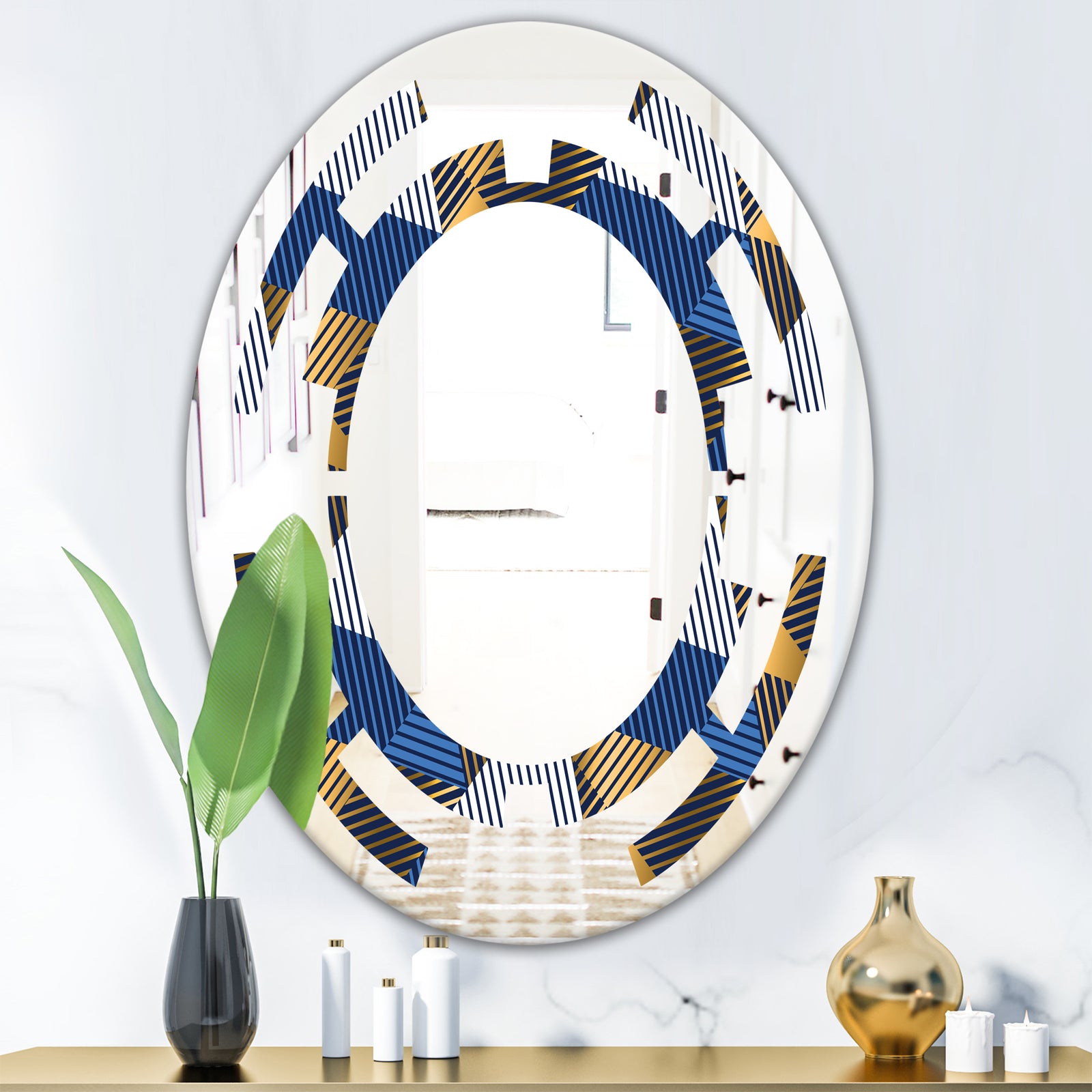 Retro Luxury Waves In Gold and Blue V - Modern Round or Oval Wall Mirror - Space