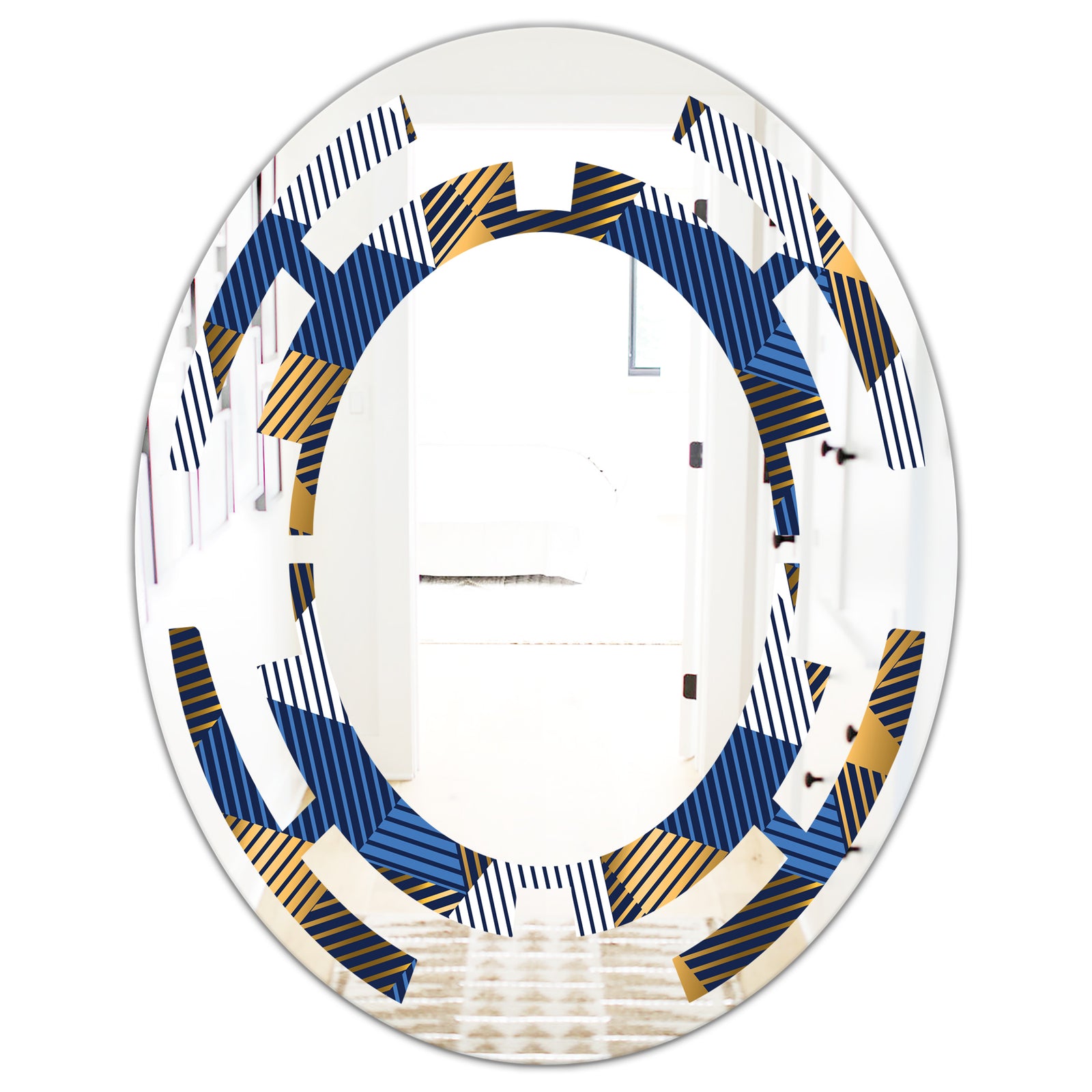 Retro Luxury Waves In Gold and Blue V - Modern Round or Oval Wall Mirror - Space