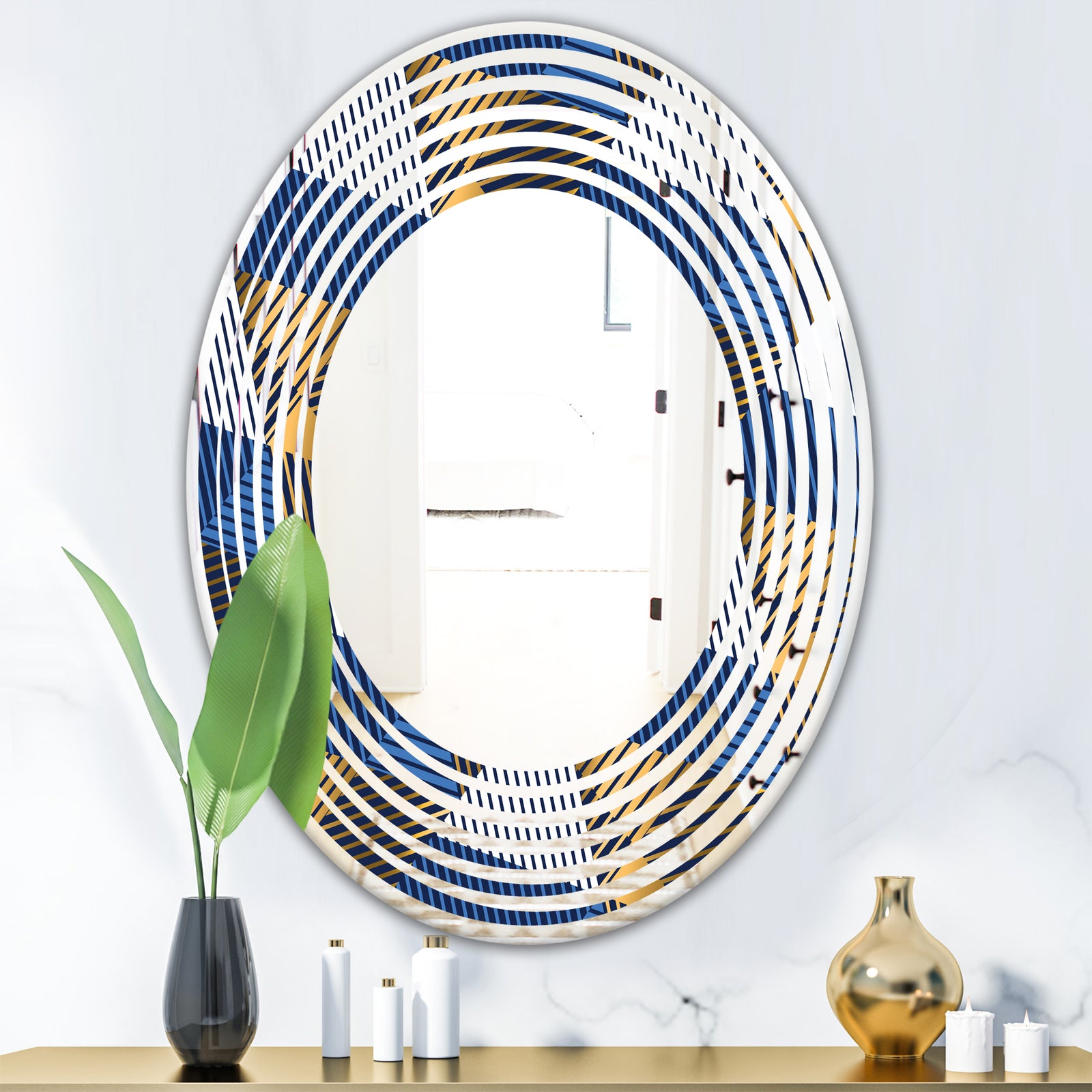 Retro Luxury Waves In Gold and Blue V - Modern Round or Oval Wall Mirror - Wave