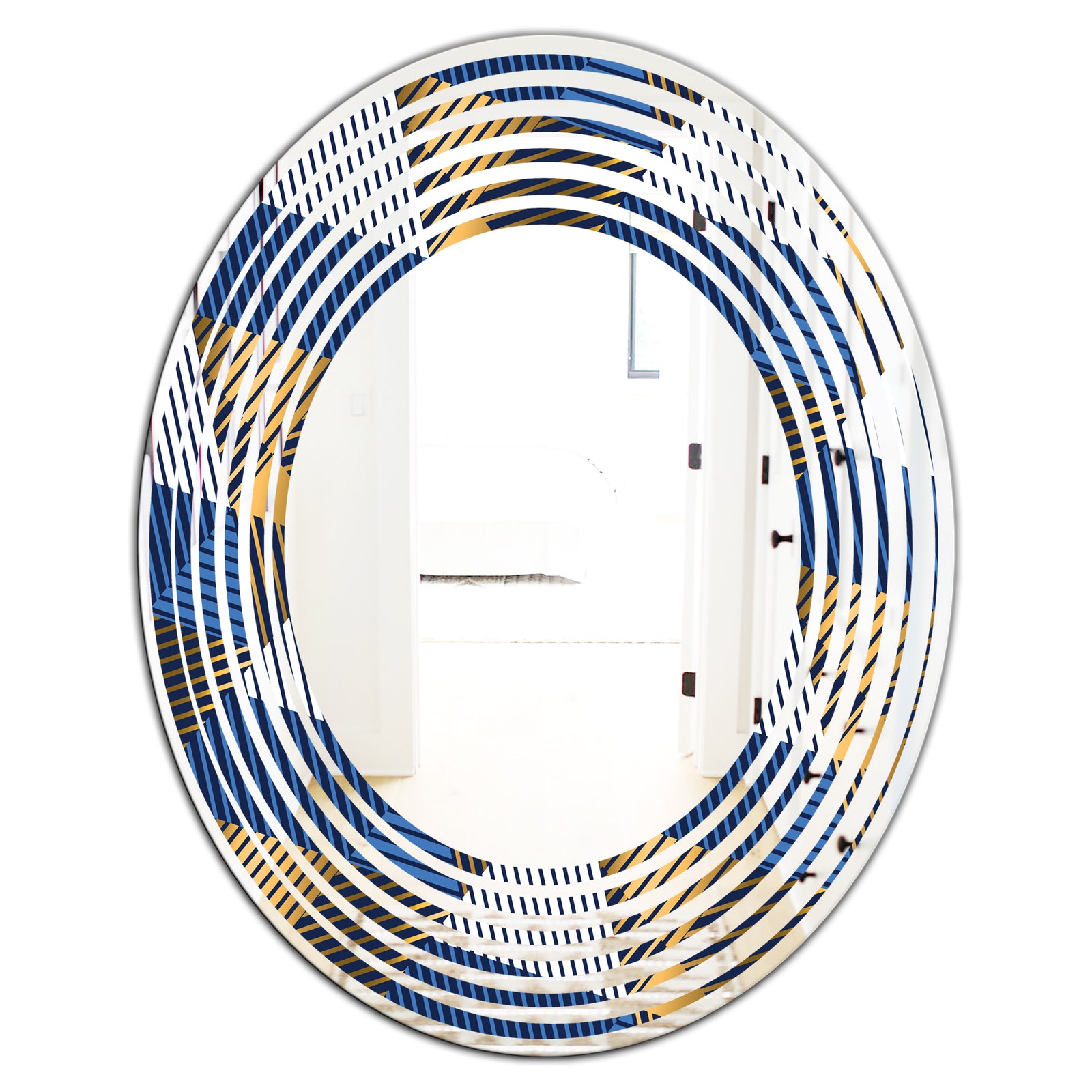 Retro Luxury Waves In Gold and Blue V - Modern Round or Oval Wall Mirror - Wave