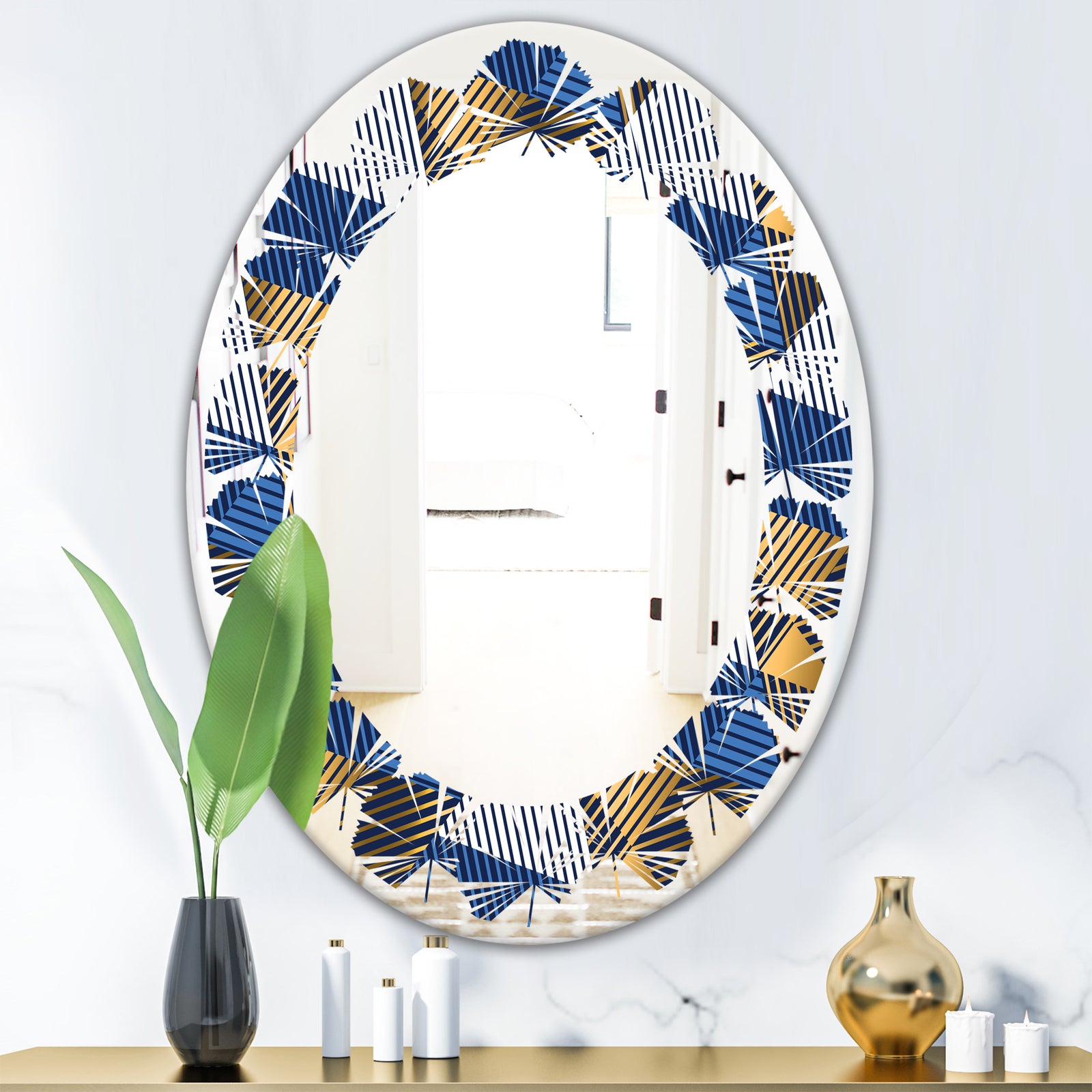 Retro Luxury Waves In Gold and Blue V - Modern Round or Oval Wall Mirror - Leaves