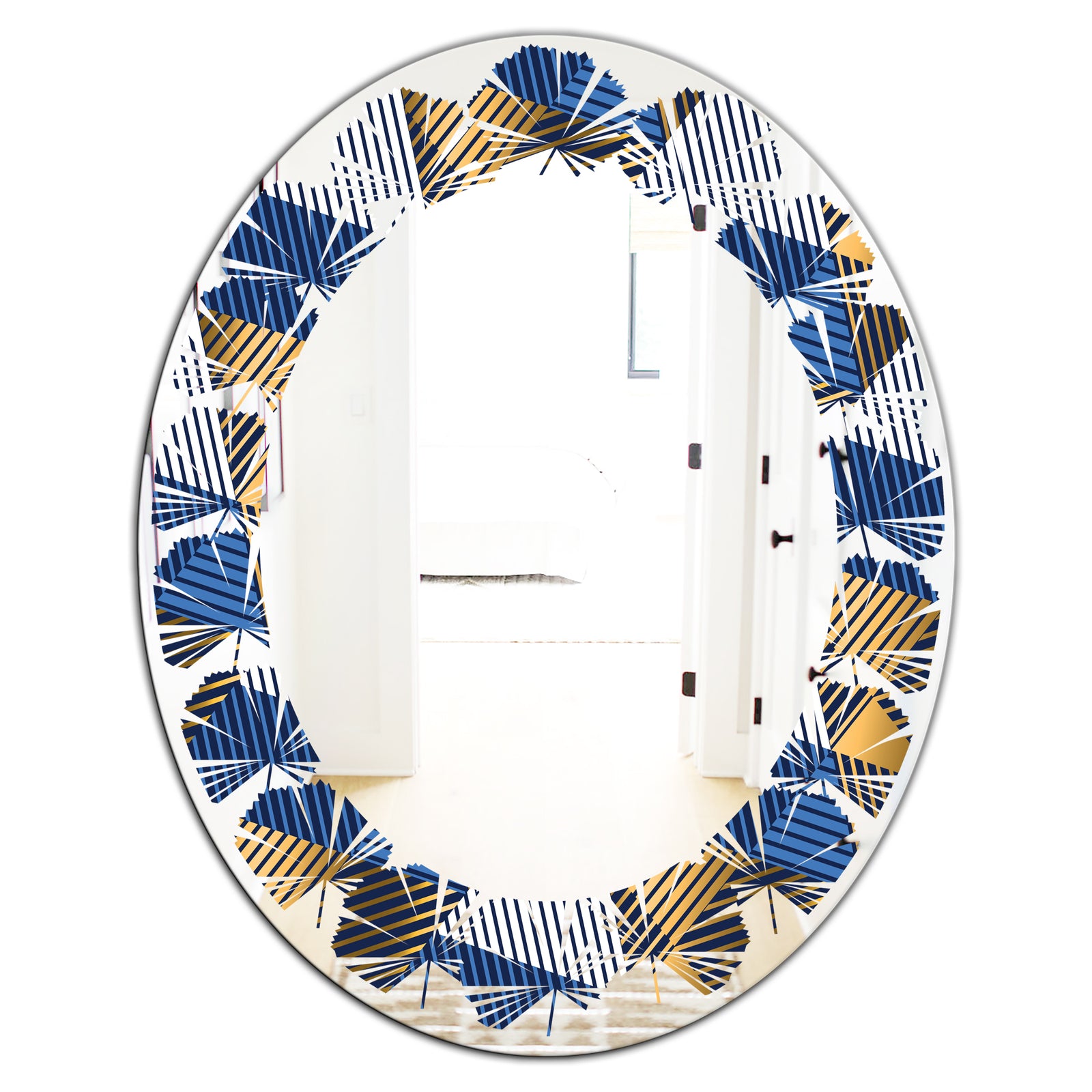 Retro Luxury Waves In Gold and Blue V - Modern Round or Oval Wall Mirror - Leaves