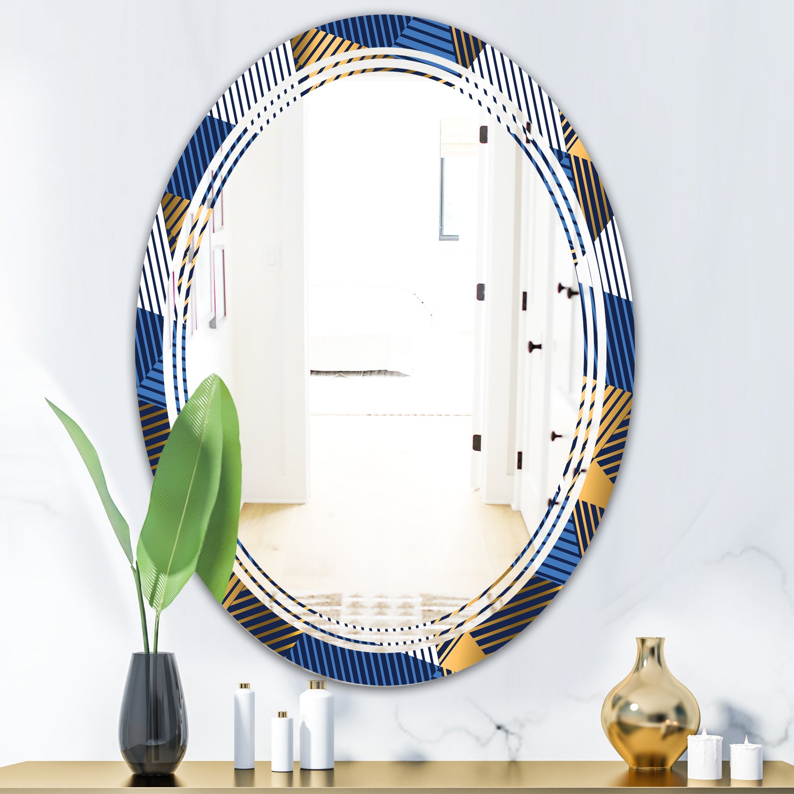 Retro Luxury Waves In Gold and Blue V - Modern Round or Oval Wall Mirror - Triple C