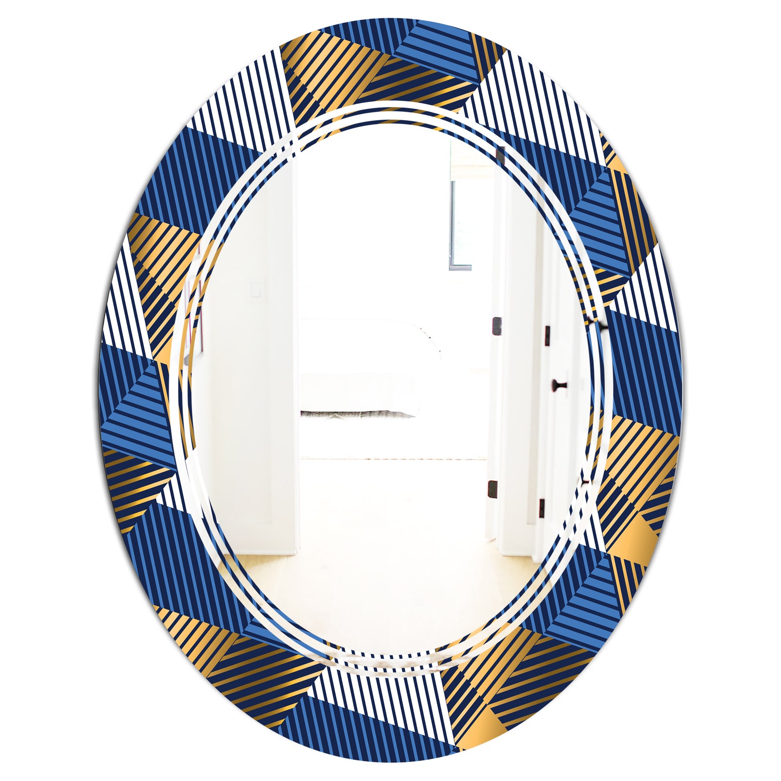 Retro Luxury Waves In Gold and Blue V - Modern Round or Oval Wall Mirror - Triple C