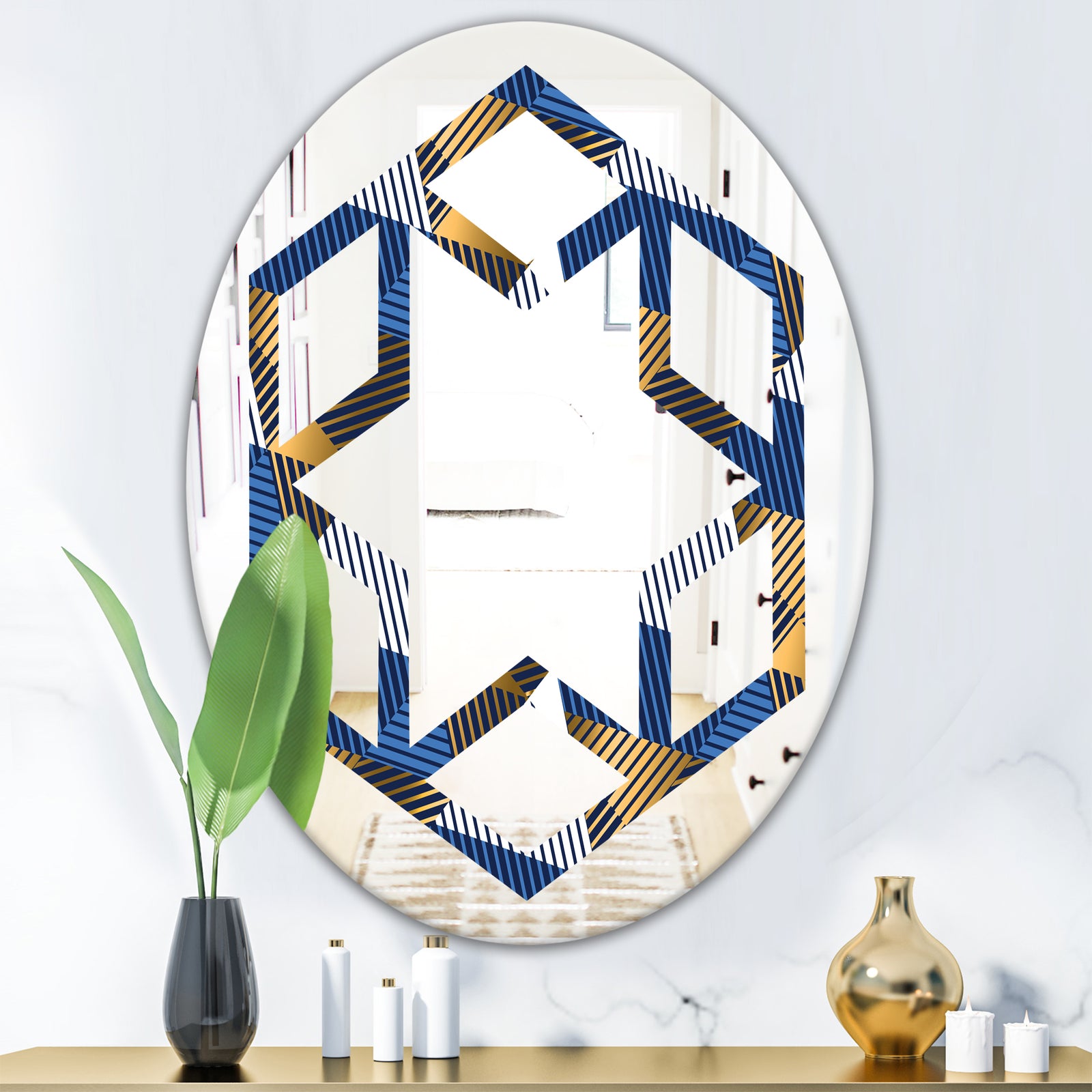 Retro Luxury Waves In Gold and Blue V - Modern Round or Oval Wall Mirror - Hexagon Star