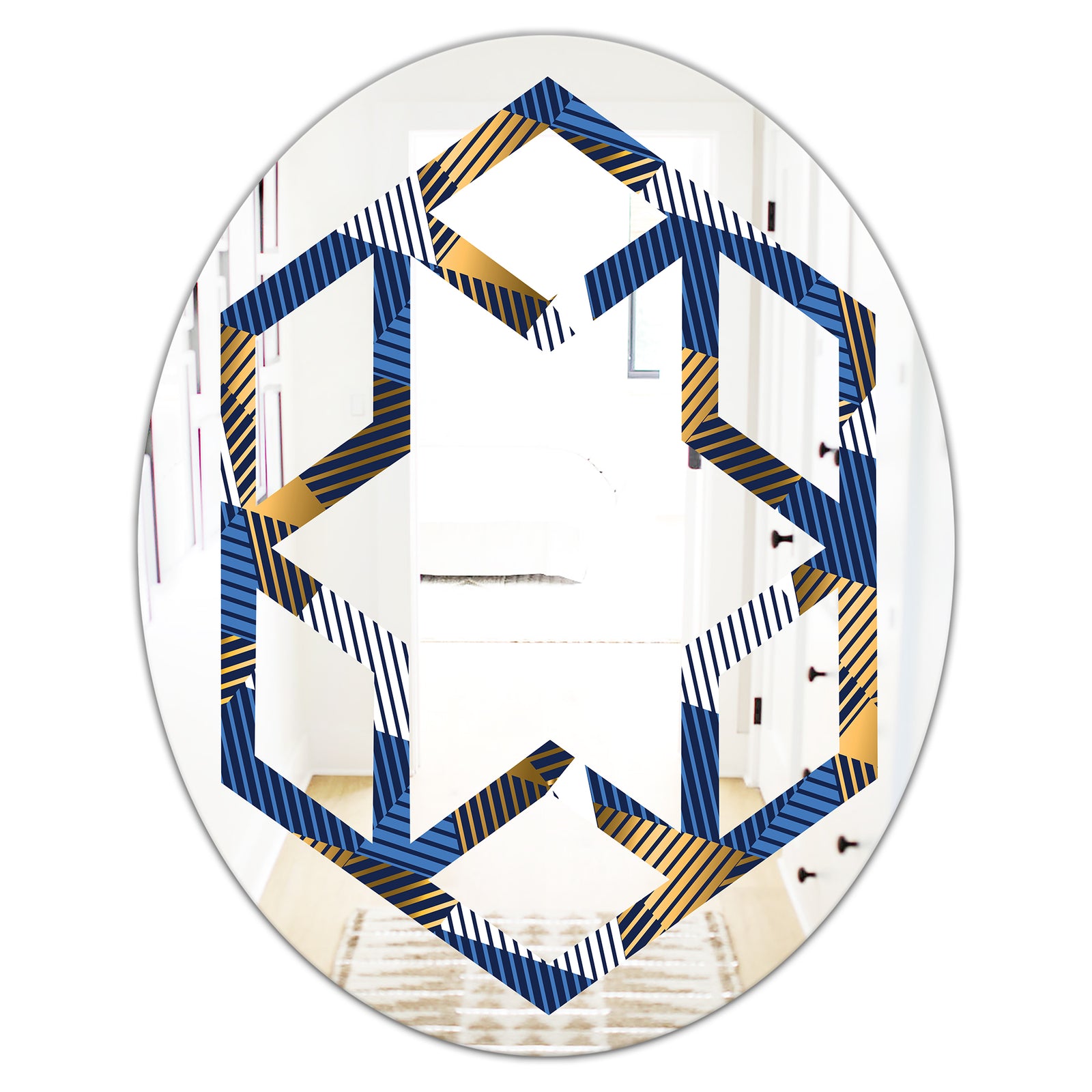Retro Luxury Waves In Gold and Blue V - Modern Round or Oval Wall Mirror - Hexagon Star