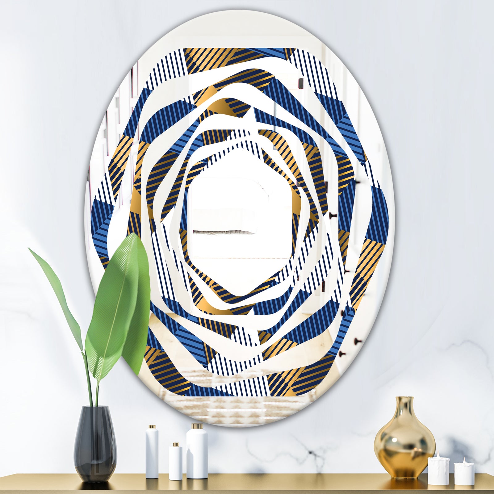 Retro Luxury Waves In Gold and Blue V - Modern Round or Oval Wall Mirror - Whirl