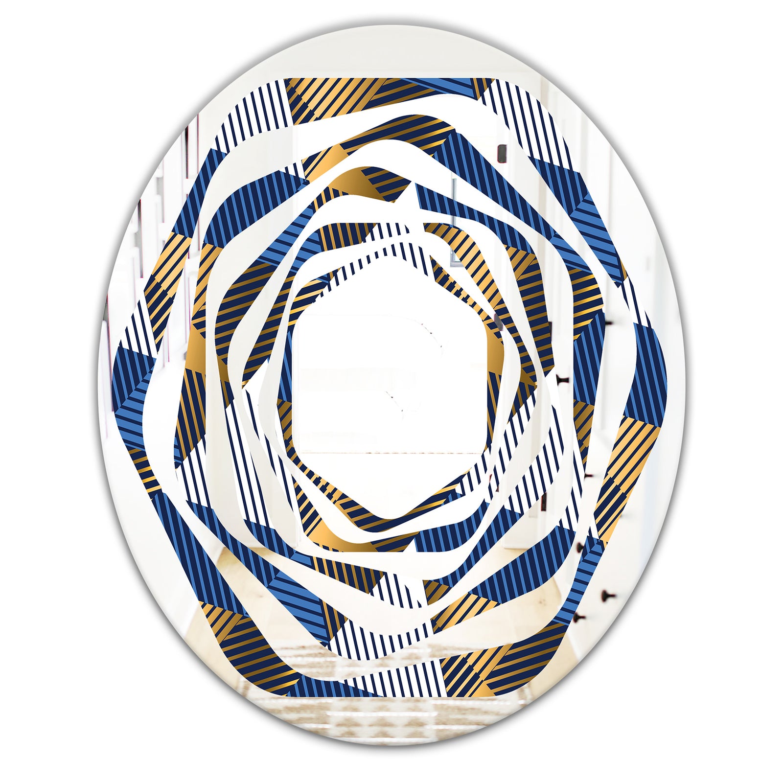 Retro Luxury Waves In Gold and Blue V - Modern Round or Oval Wall Mirror - Whirl