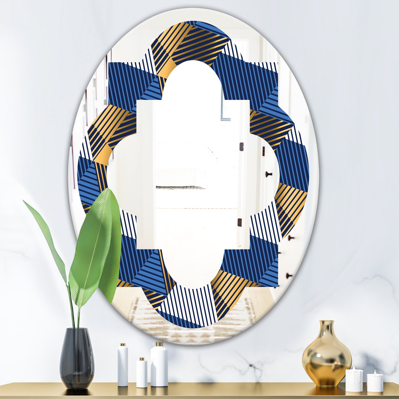 Retro Luxury Waves In Gold and Blue V - Modern Round or Oval Wall Mirror - Quatrefoil