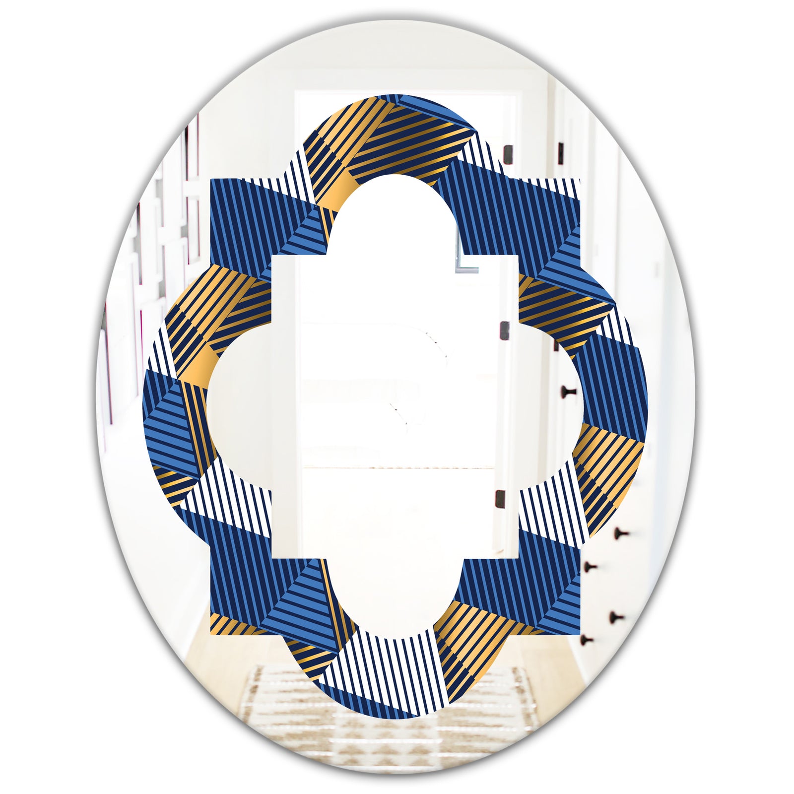 Retro Luxury Waves In Gold and Blue V - Modern Round or Oval Wall Mirror - Quatrefoil