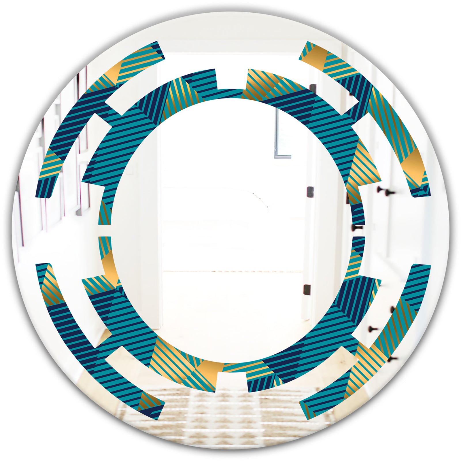 Retro Luxury Waves In Gold and Blue VII - Modern Round or Oval Wall Mirror - Space