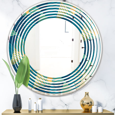 Retro Luxury Waves In Gold and Blue VII - Modern Round or Oval Wall Mirror - Wave