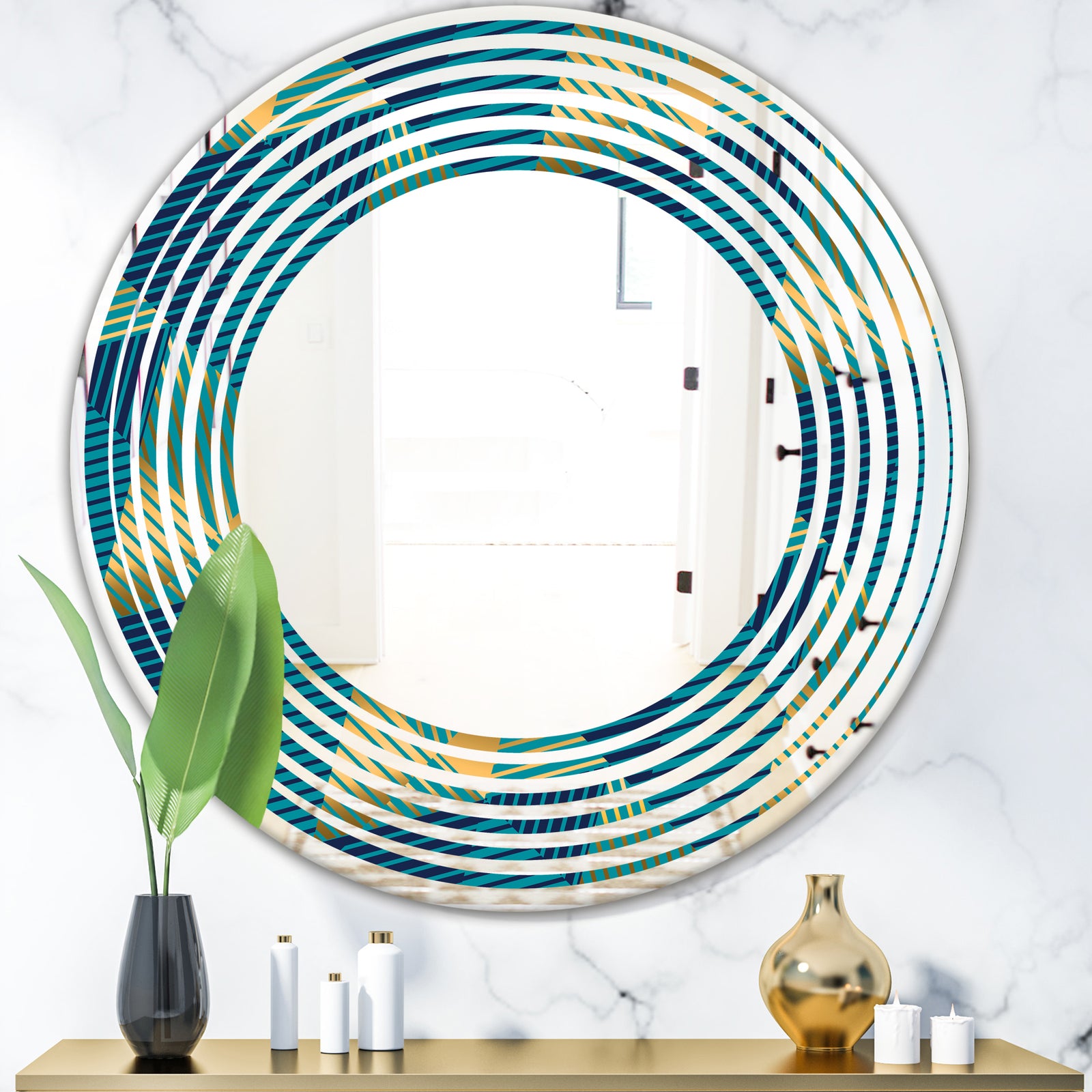 Retro Luxury Waves In Gold and Blue VII - Modern Round or Oval Wall Mirror - Wave