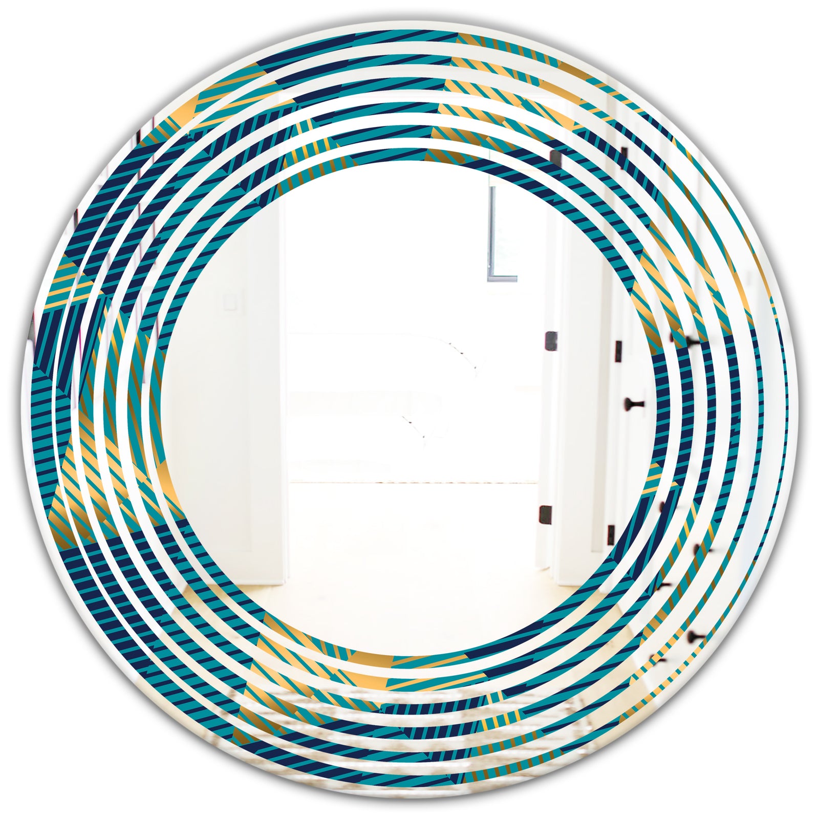 Retro Luxury Waves In Gold and Blue VII - Modern Round or Oval Wall Mirror - Wave