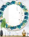 Retro Luxury Waves In Gold and Blue VII - Modern Round or Oval Wall Mirror - Leaves