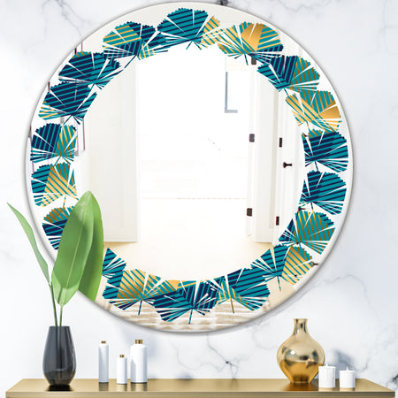 Retro Luxury Waves In Gold and Blue VII - Modern Round or Oval Wall Mirror - Leaves