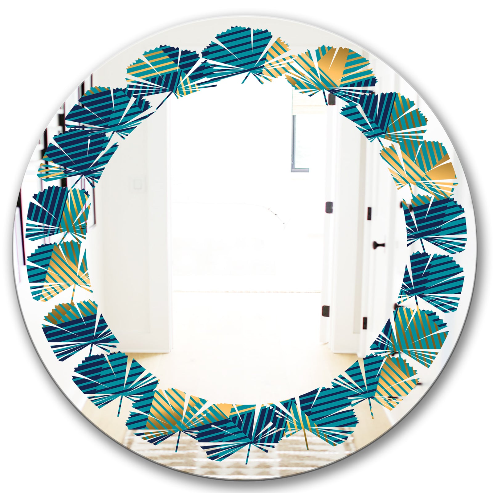 Retro Luxury Waves In Gold and Blue VII - Modern Round or Oval Wall Mirror - Leaves