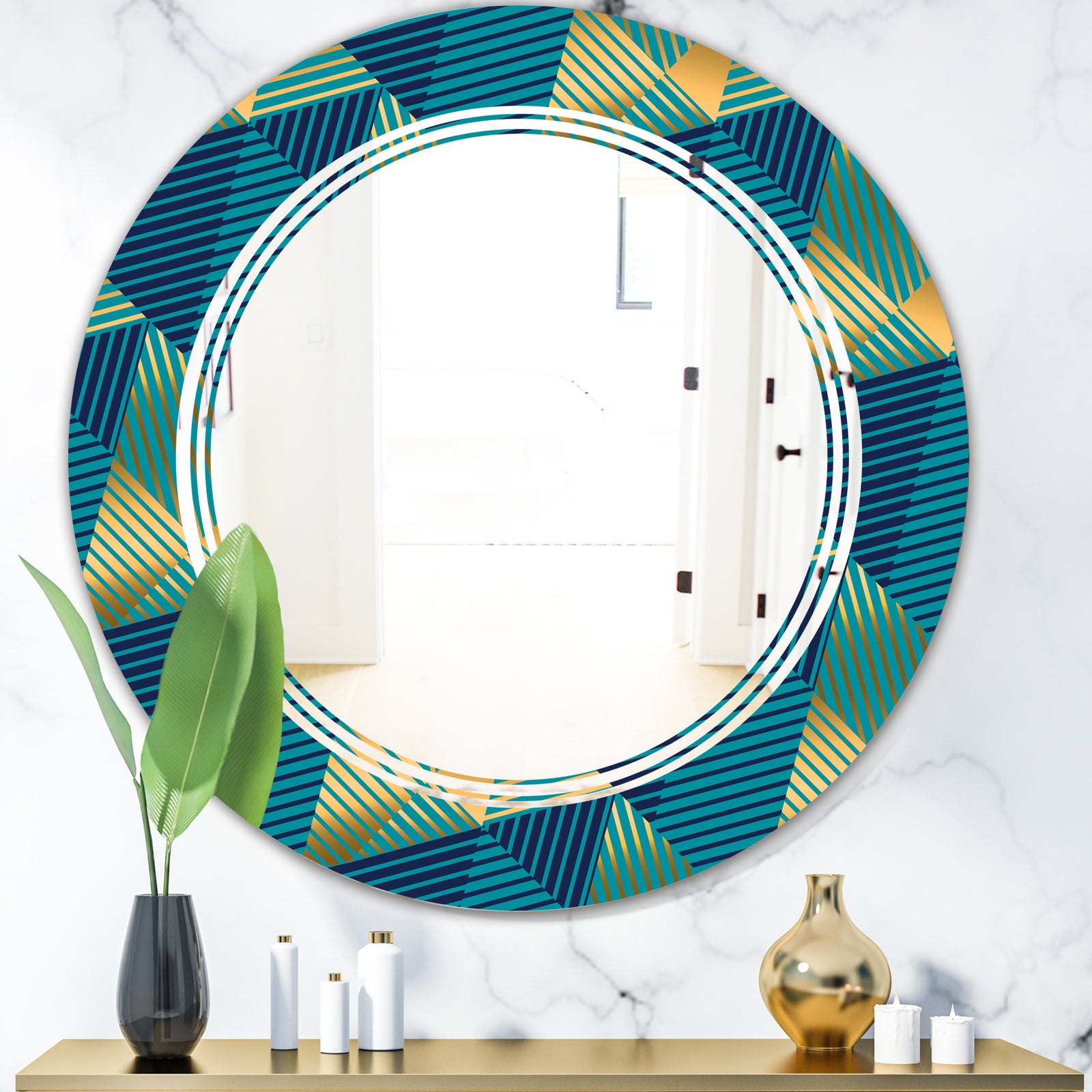 Retro Luxury Waves In Gold and Blue VII - Modern Round or Oval Wall Mirror - Triple C