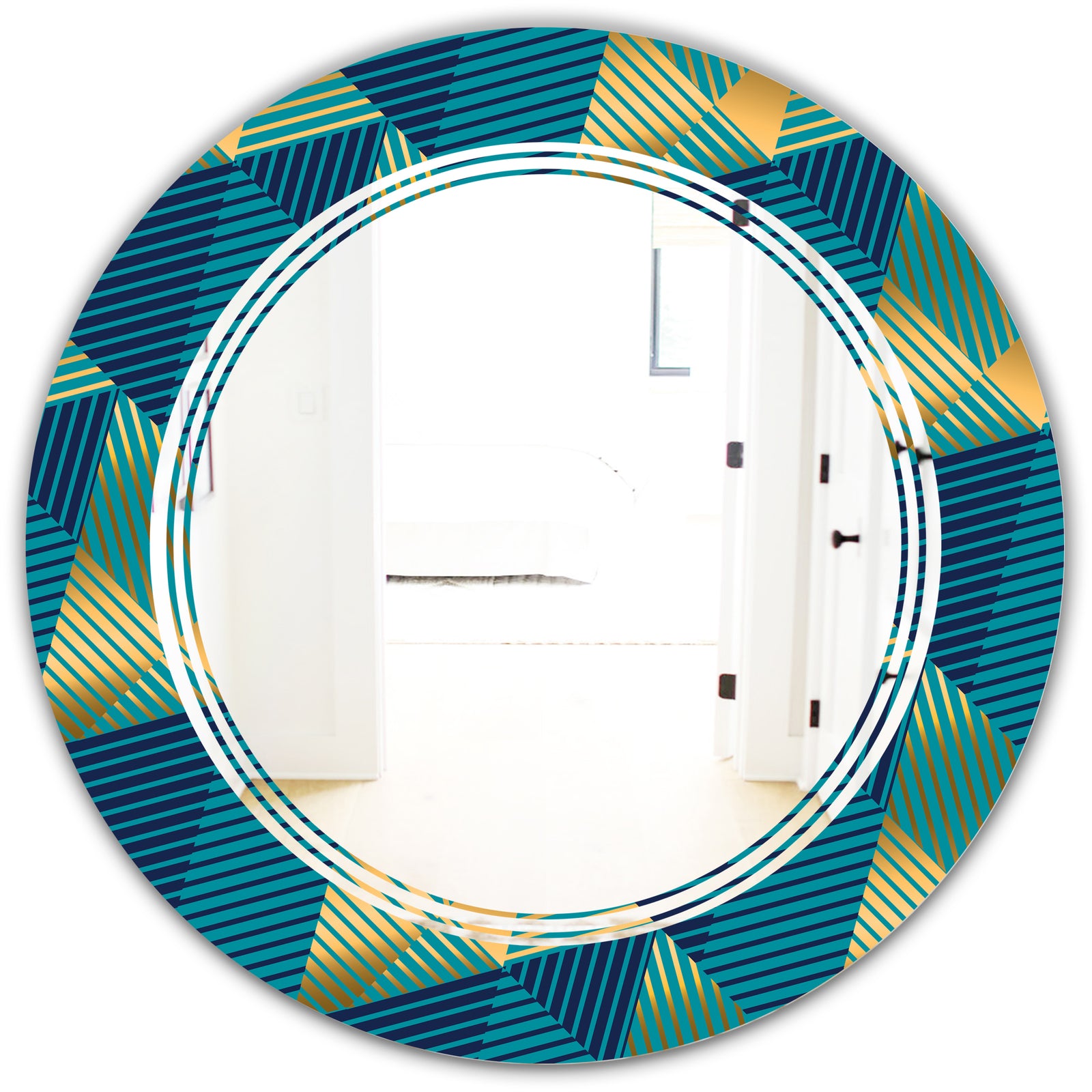 Retro Luxury Waves In Gold and Blue VII - Modern Round or Oval Wall Mirror - Triple C