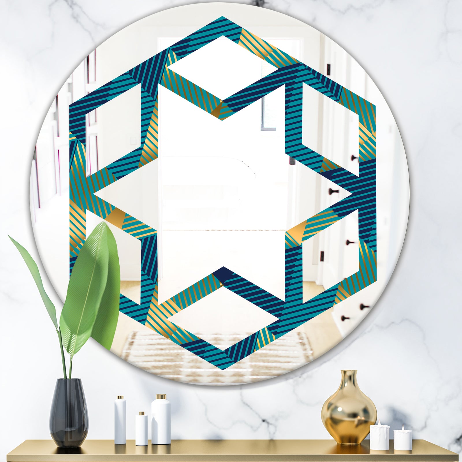 Retro Luxury Waves In Gold and Blue VII - Modern Round or Oval Wall Mirror - Hexagon Star