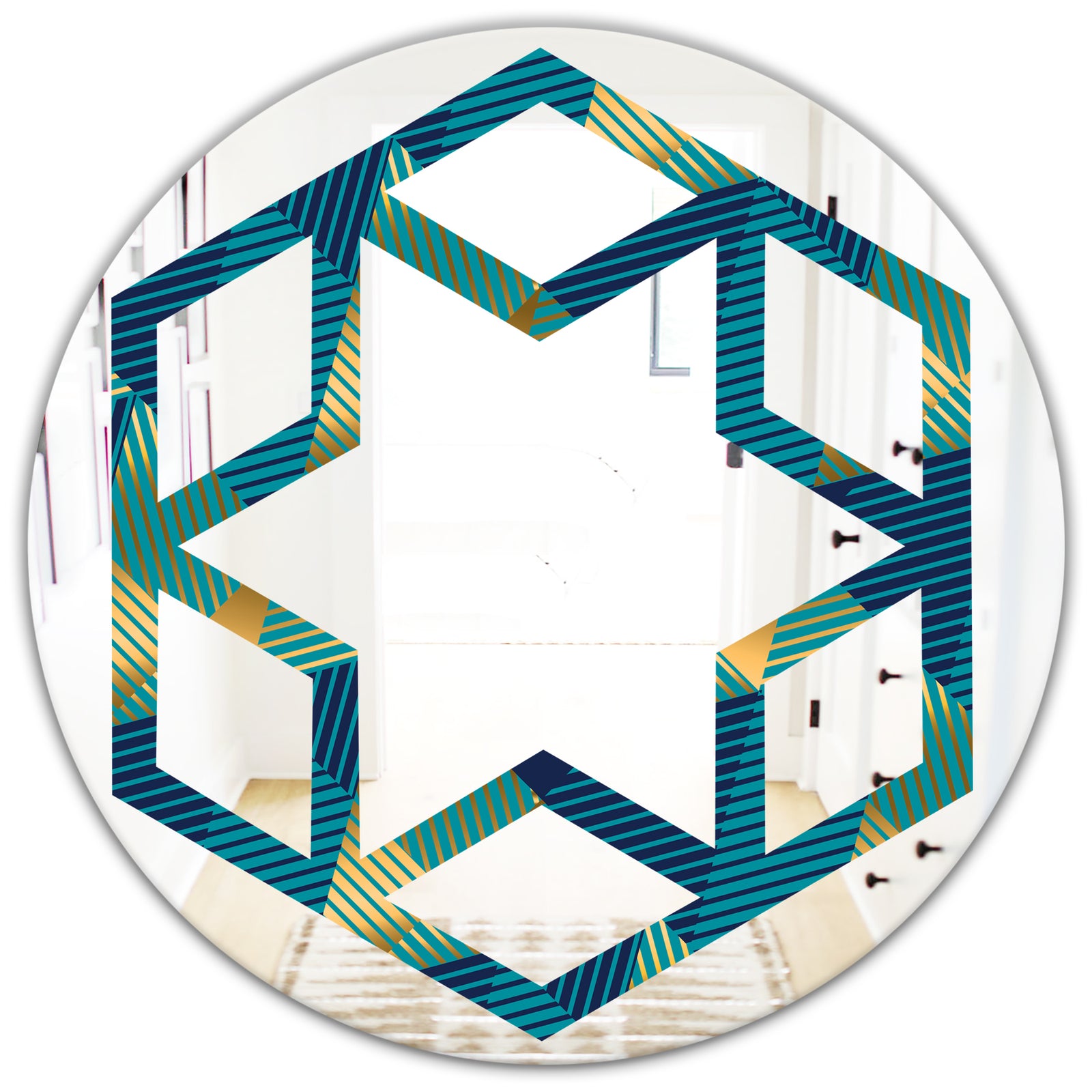 Retro Luxury Waves In Gold and Blue VII - Modern Round or Oval Wall Mirror - Hexagon Star