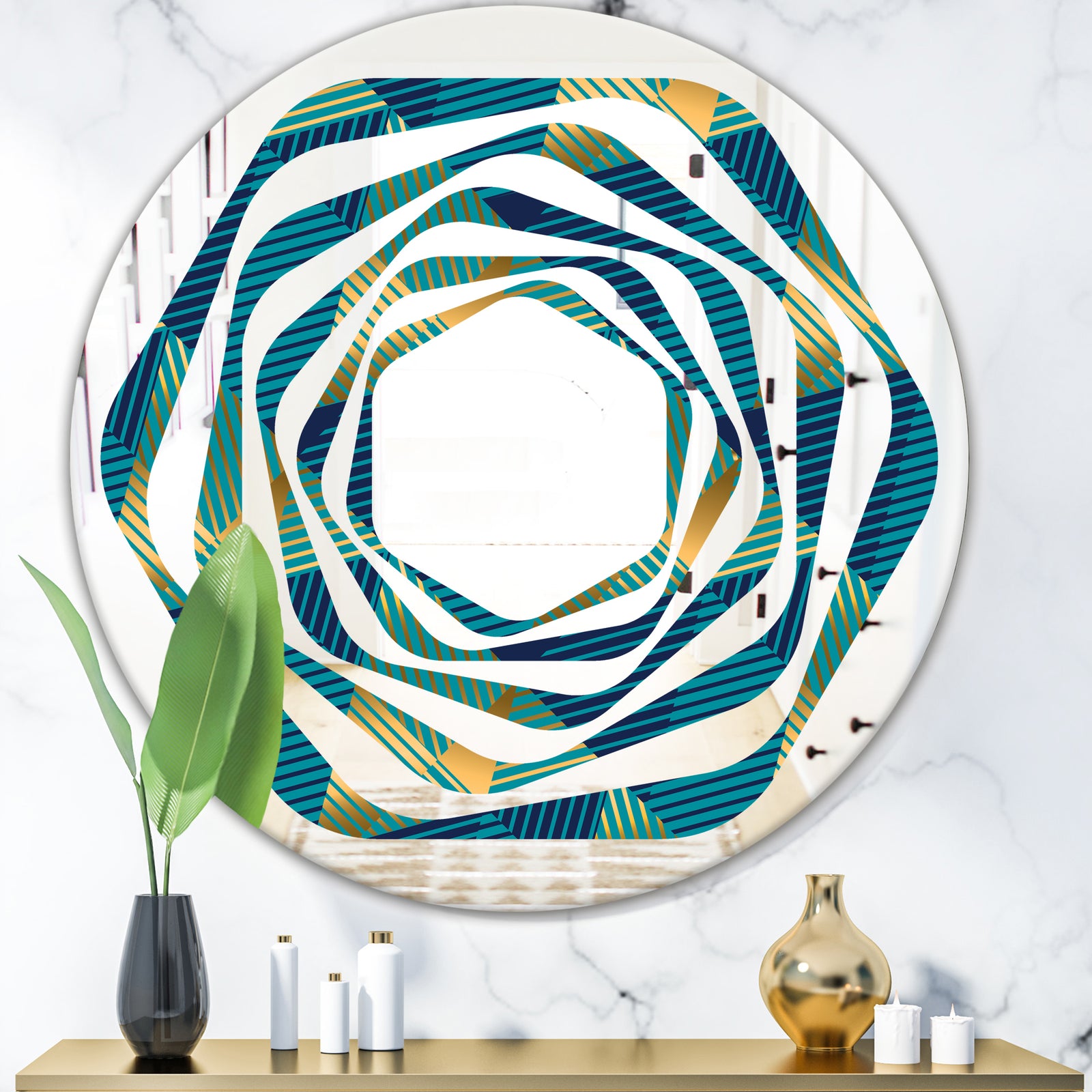 Retro Luxury Waves In Gold and Blue VII - Modern Round or Oval Wall Mirror - Whirl