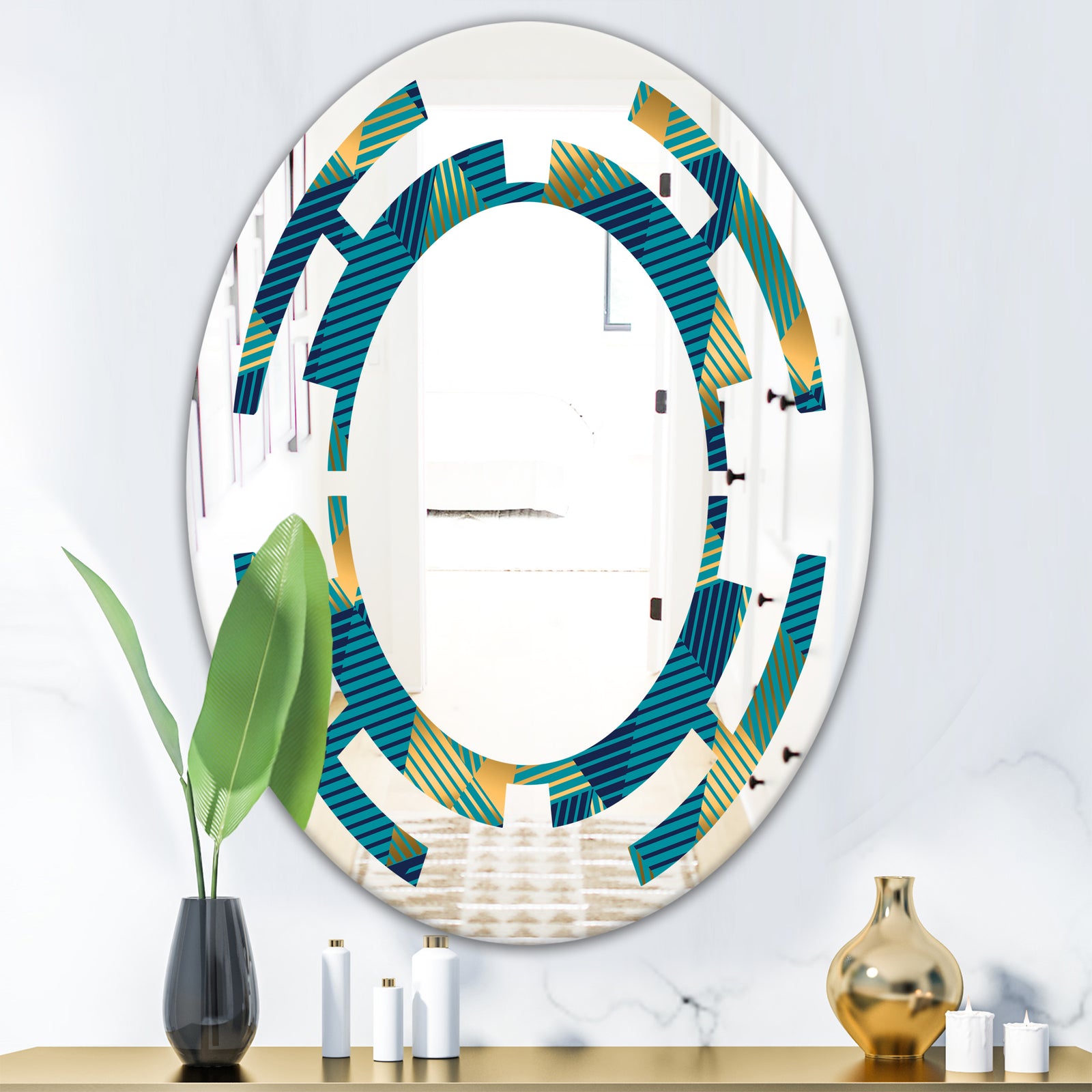 Retro Luxury Waves In Gold and Blue VII - Modern Round or Oval Wall Mirror - Space
